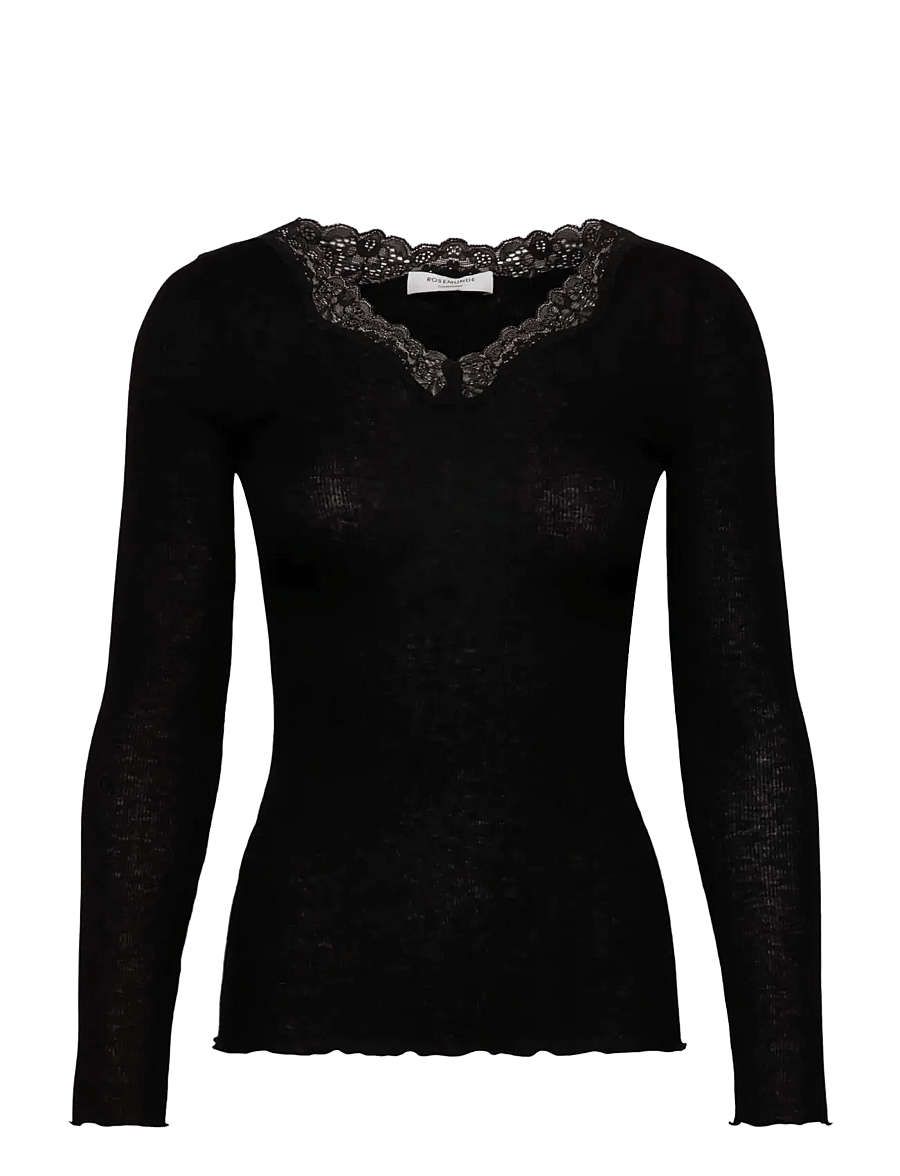 Rosemunde - RWBurlington Wool LS V-neck Lace T-shirt - långärmade toppar - black - 0