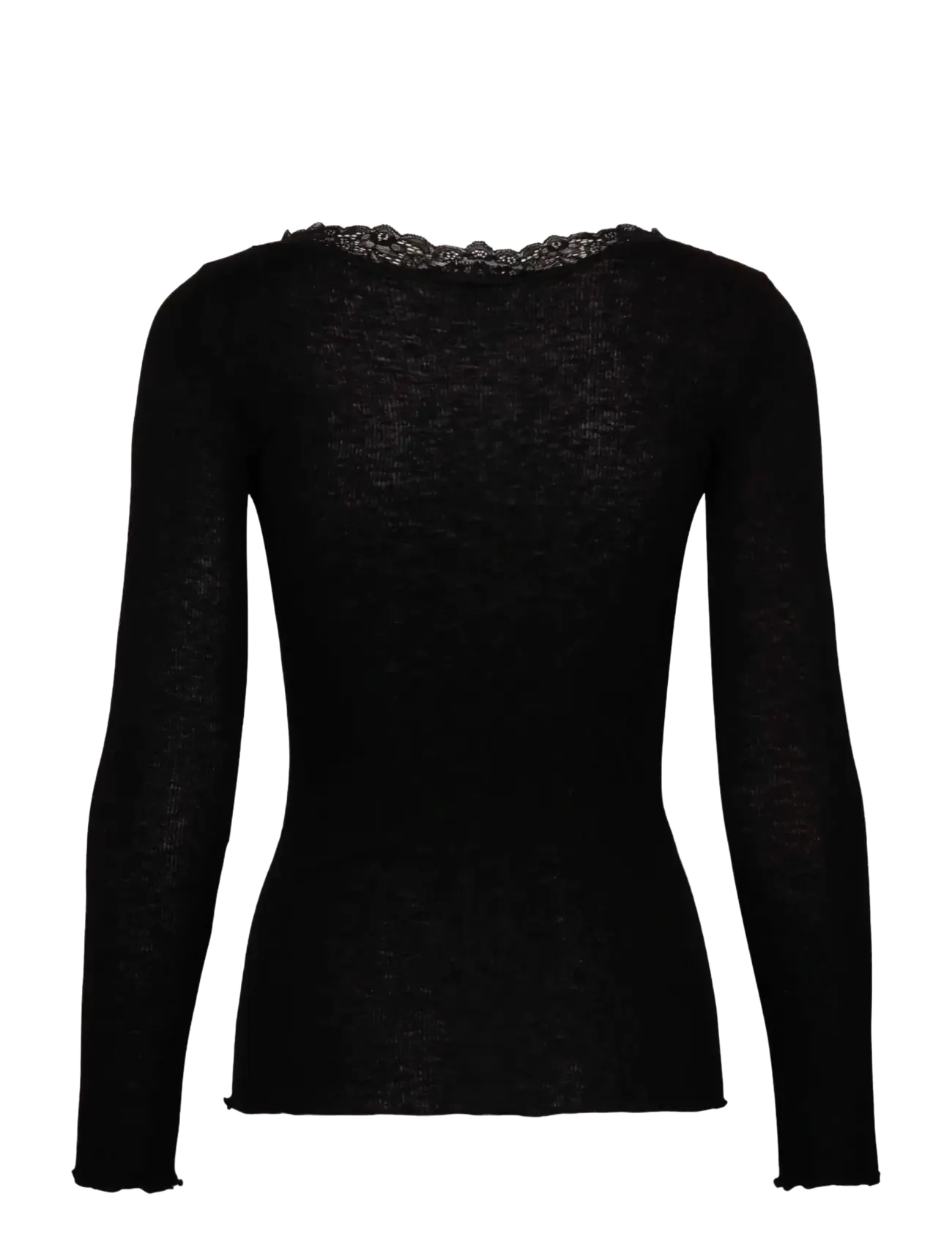Rosemunde - RWBurlington Wool LS V-neck Lace T-shirt - långärmade toppar - black - 1
