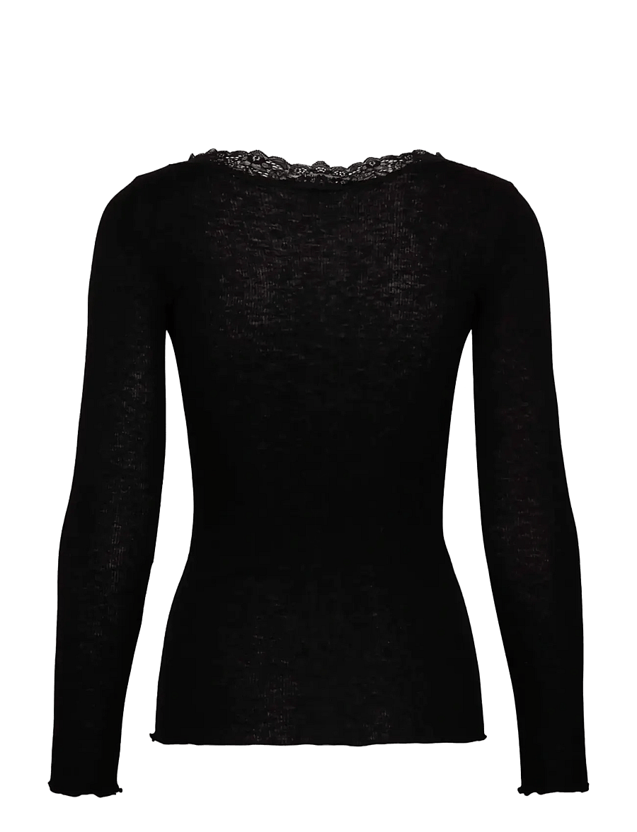 Rosemunde - RWBurlington Wool LS V-neck Lace T-shirt - långärmade toppar - black - 1