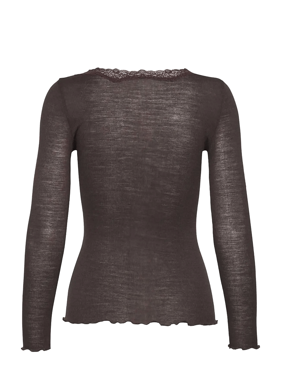 Rosemunde - RWBurlington Wool LS V-neck Lace T-shirt - langärmlige tops - mole - 1