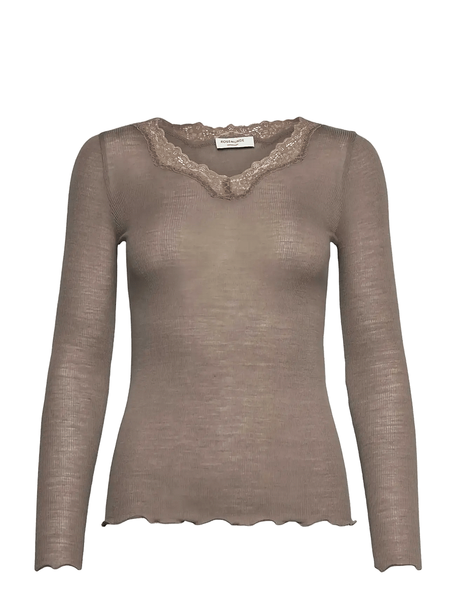 Rosemunde - RWBurlington Wool LS V-neck Lace T-shirt - långärmade toppar - walnut - 0