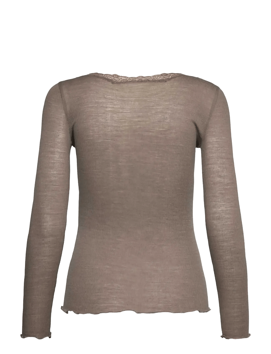 Rosemunde - RWBurlington Wool LS V-neck Lace T-shirt - långärmade toppar - walnut - 1