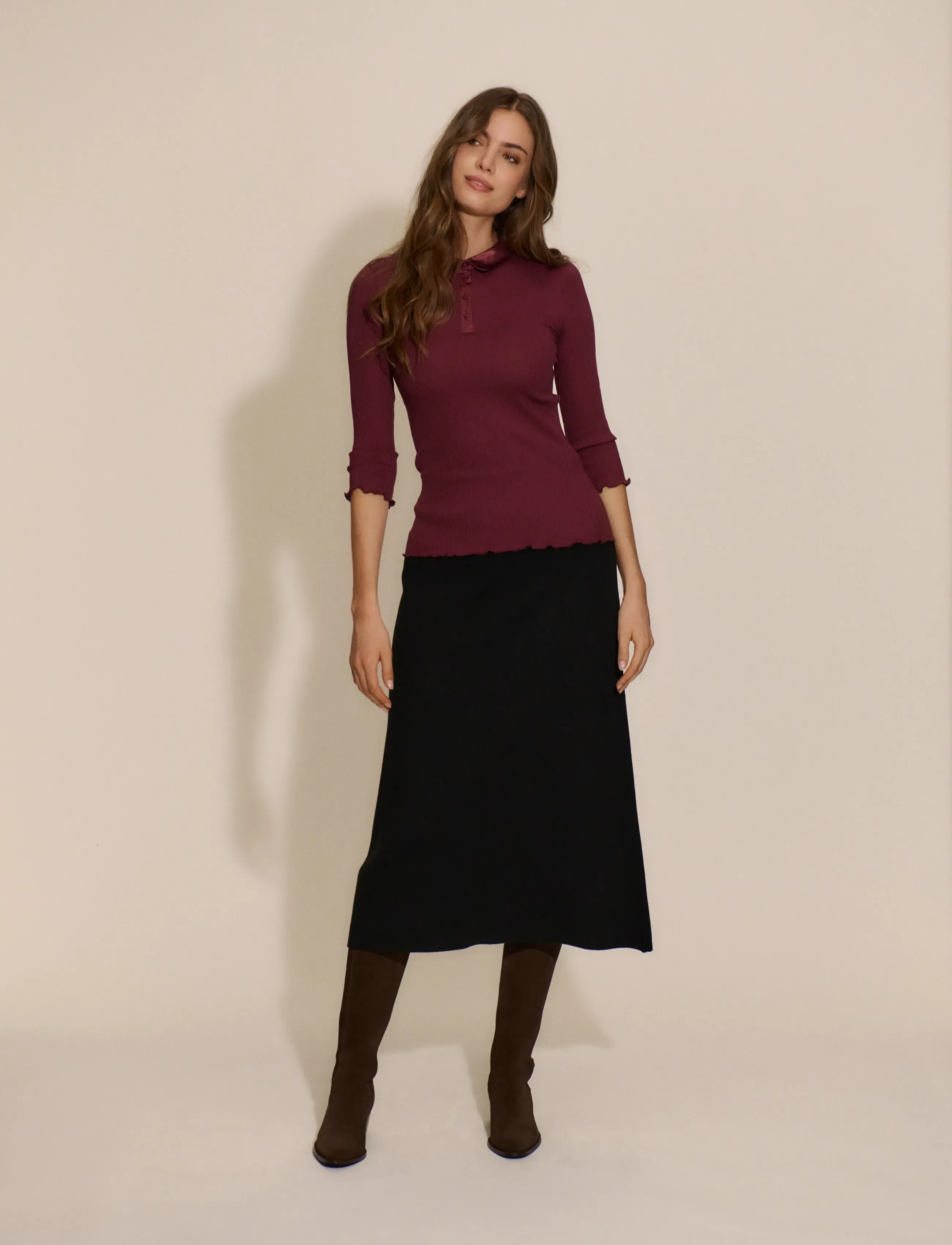 Rosemunde - RWBeatha Silk 3/4 Sleeve Satin Polo - t-shirts - windsor wine - 0