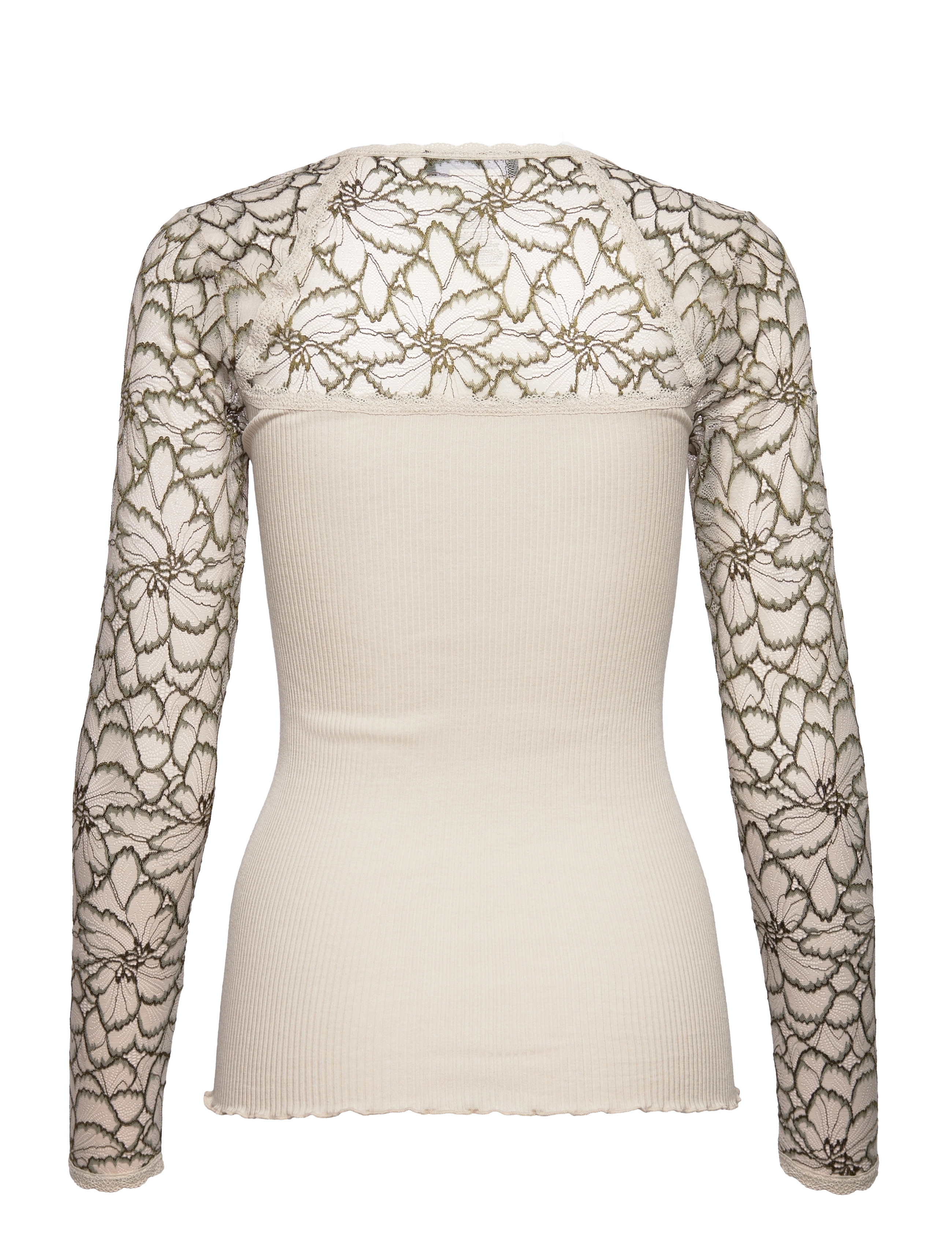Rosemunde - Silk t-shirt w/ lace - moonstone w/ olive night - 1
