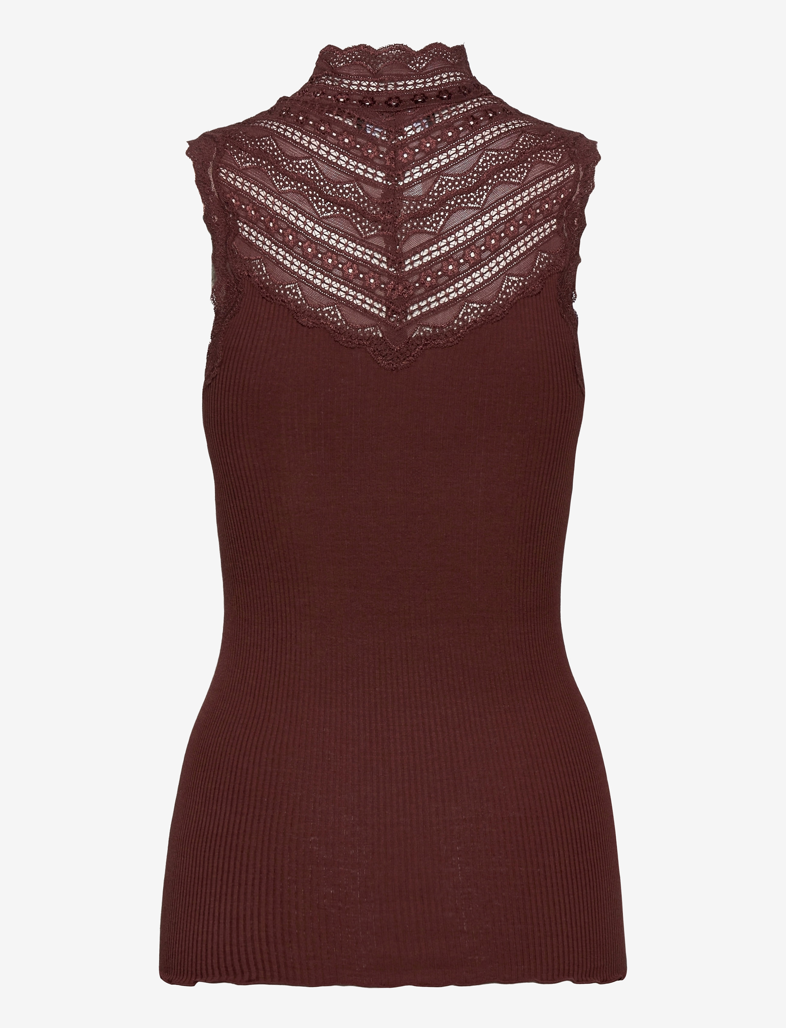Rosemunde - RWBenita Silk SL Turtleneck Lace To - varrukateta alussärgid - chocolate fondant - 1