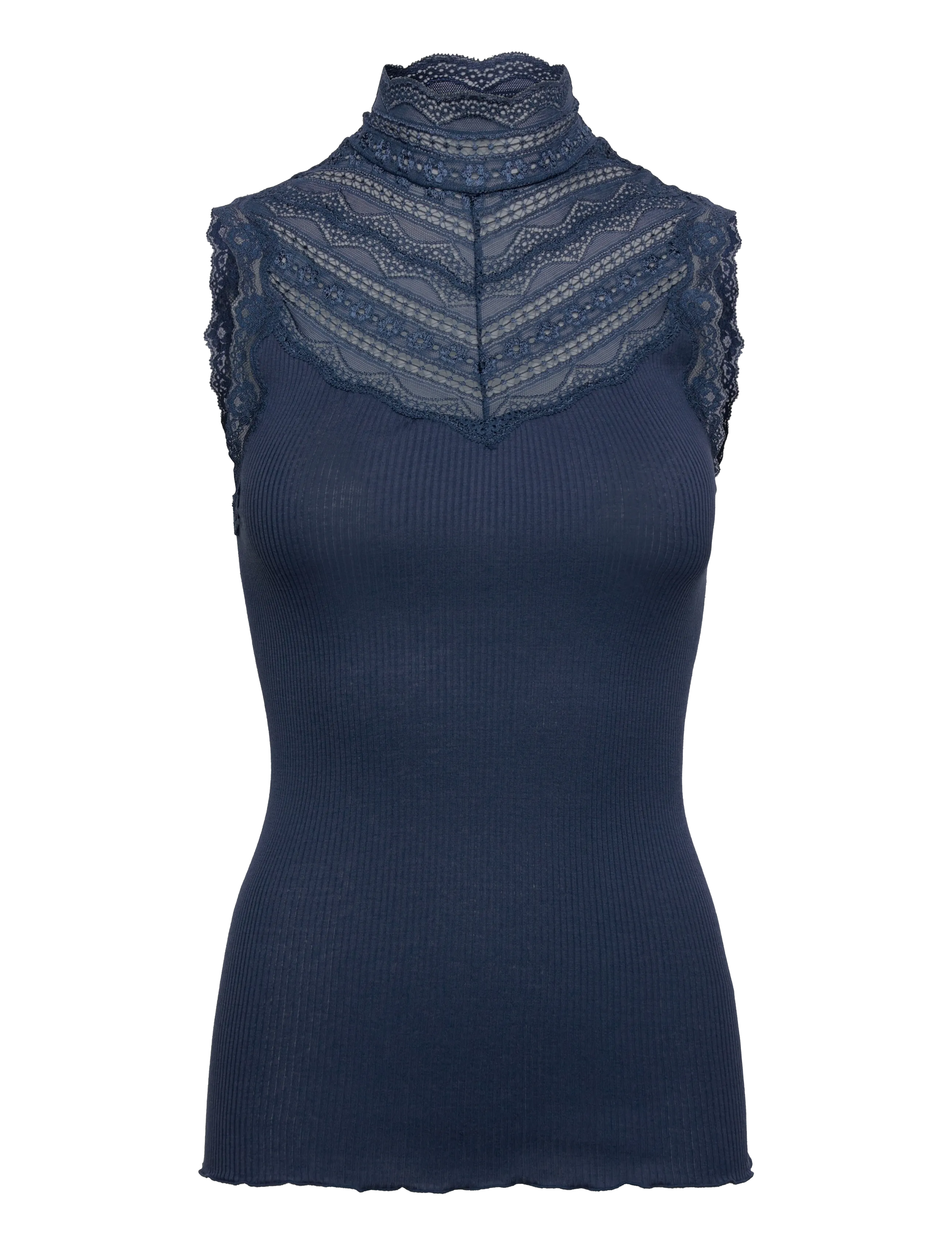 Rosemunde Silk Top W/ Lace, Kvinder, Ærmeløs Blonde Højhalset Top, Navy, Str: M