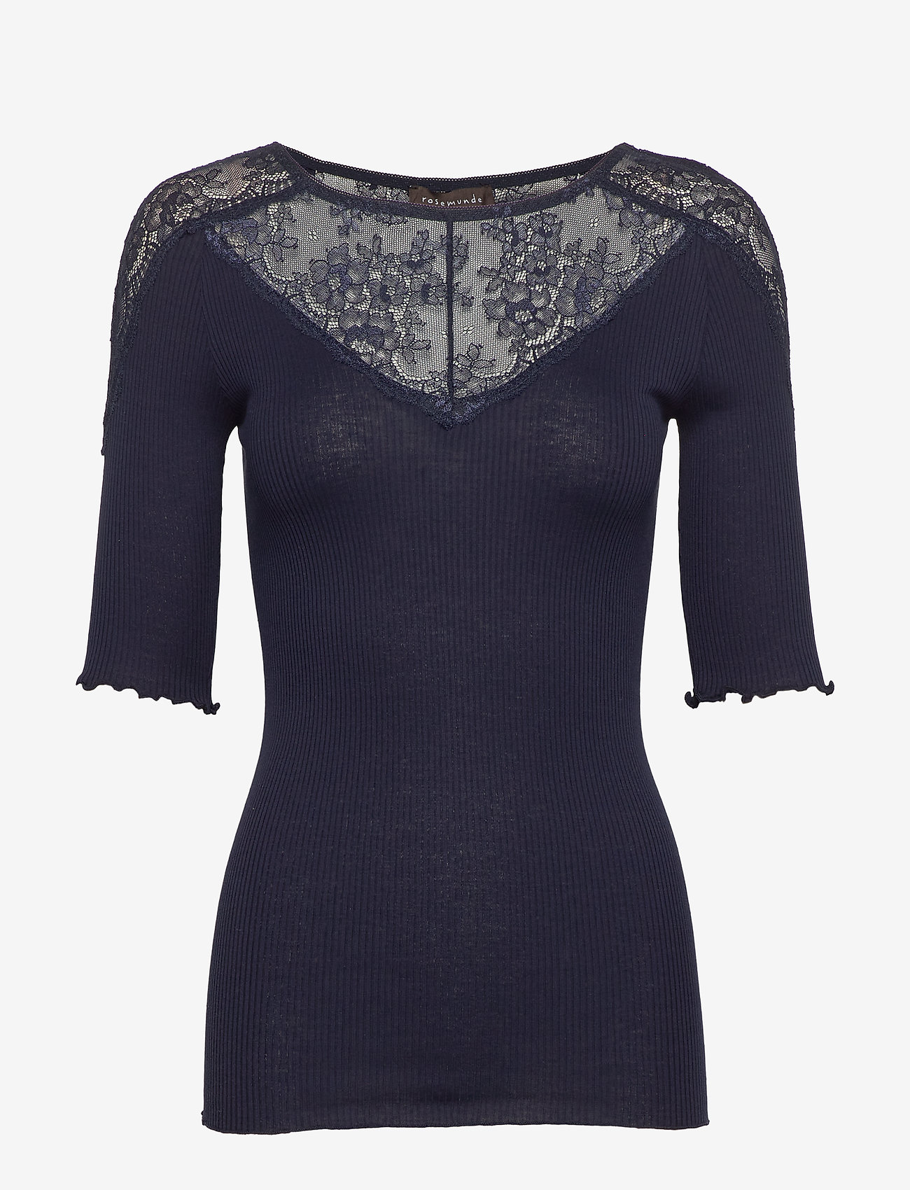Rosemunde - Silk t-shirt regular ss w/lace - navy - 0
