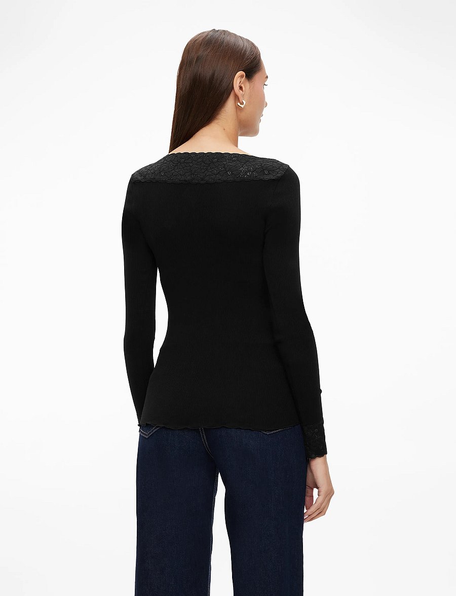Rosemunde - RWBernadine Organic LS V-neck Lace T-shirt - långärmade toppar - black - 4