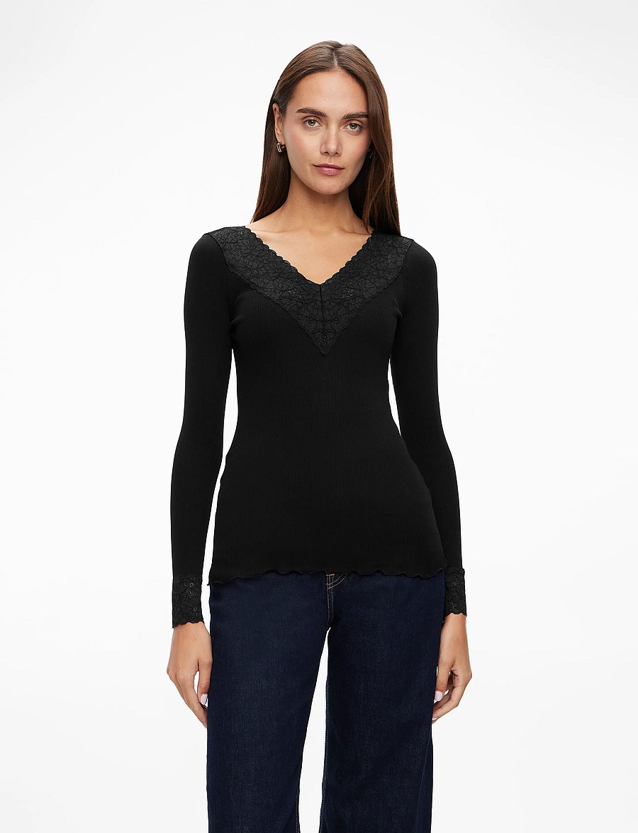 Rosemunde - RWBernadine Organic LS V-neck Lace T-shirt - långärmade toppar - black - 0
