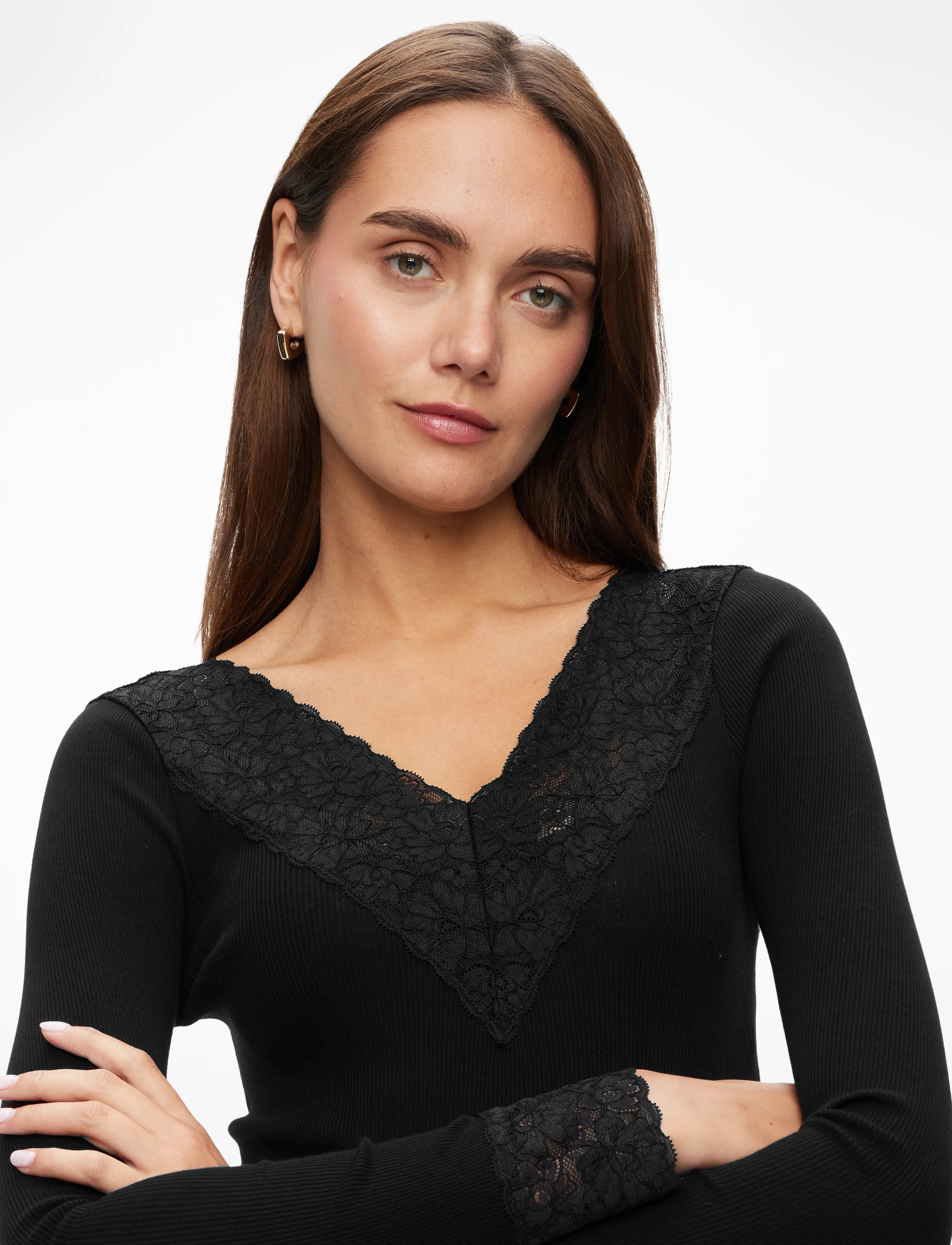 Rosemunde - RWBernadine Organic LS V-neck Lace T-shirt - black - 5