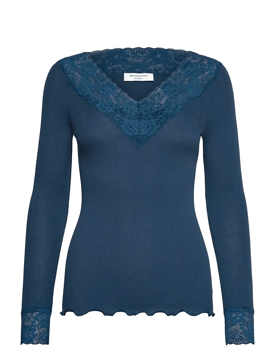 Rosemunde - RWBernadine Organic LS V-neck Lace T-shirt - langärmlige tops - dark denim - 0