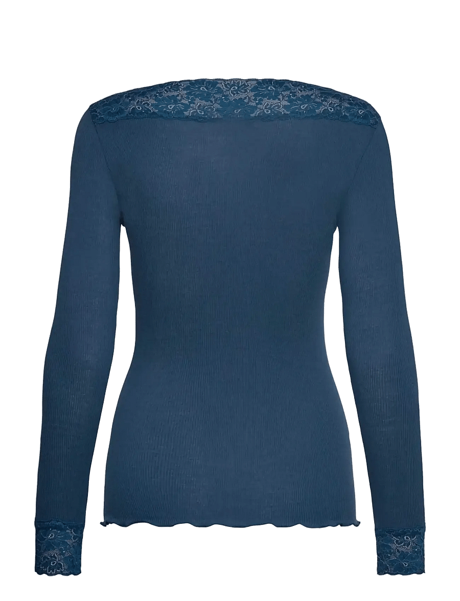 Rosemunde - RWBernadine Organic LS V-neck Lace T-shirt - langärmlige tops - dark denim - 1
