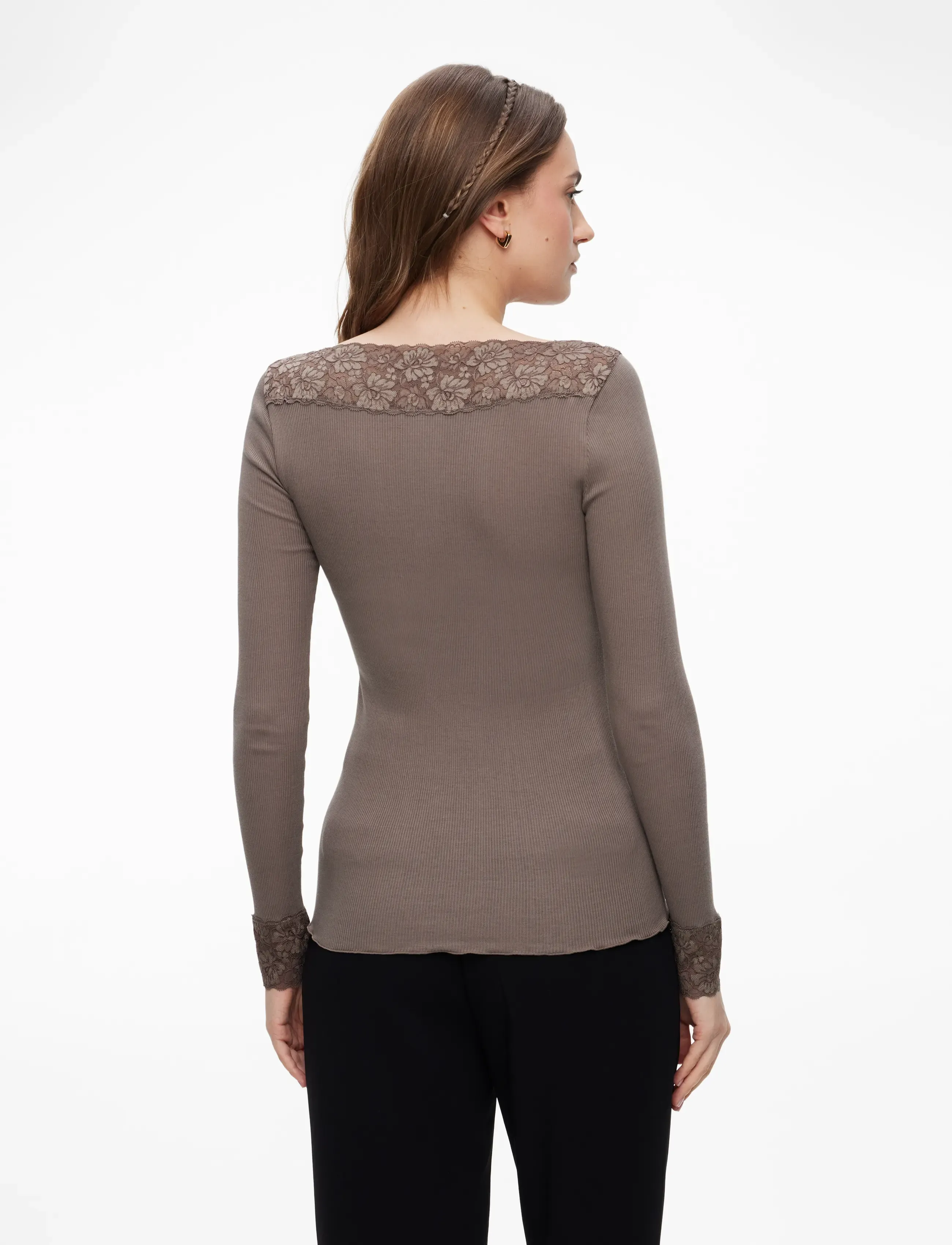 Rosemunde - RWBernadine Organic LS V-neck Lace T-shirt - falcon - 4