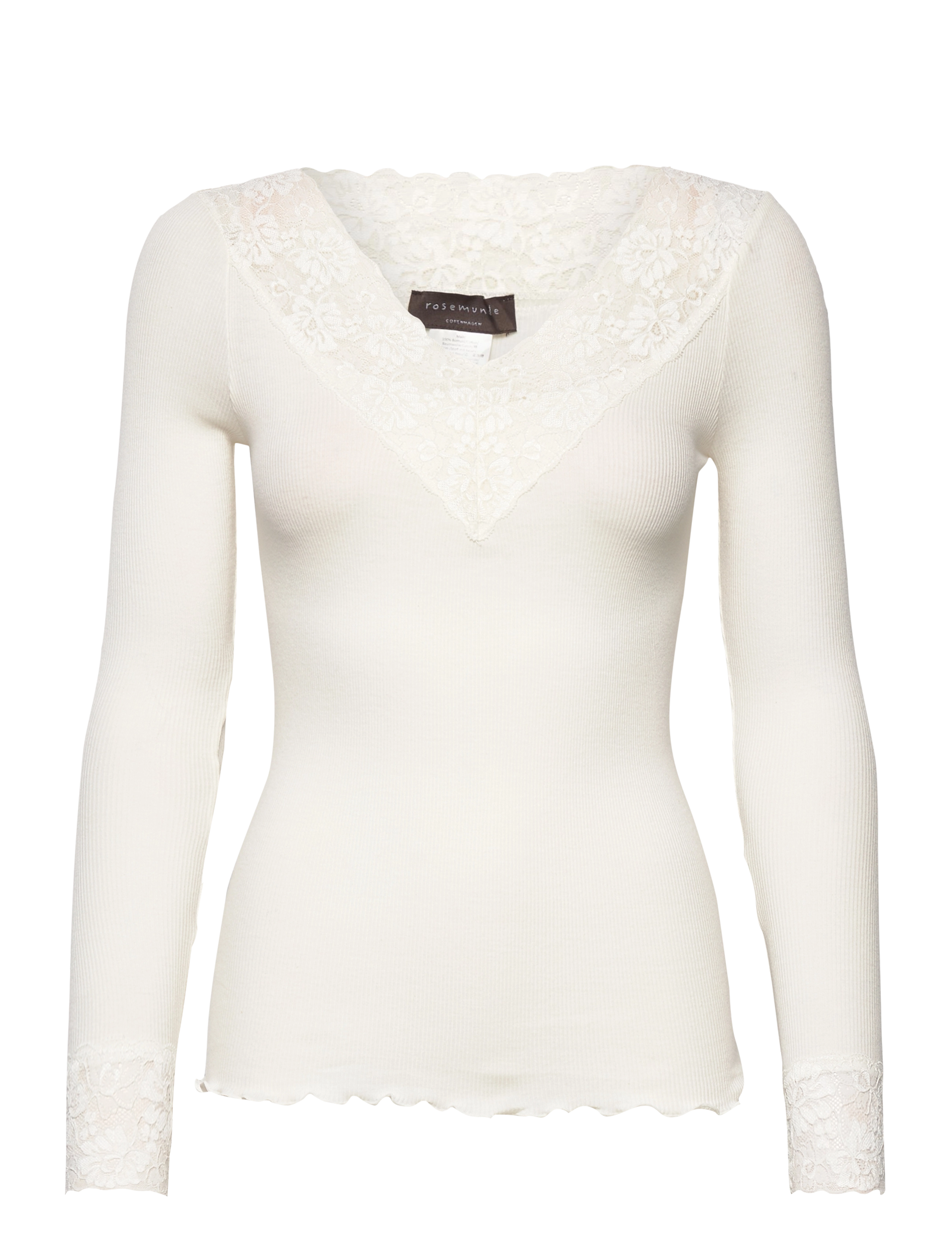Rosemunde RWBernadine Organic LS V-neck Lace T-shirt - Kläder - IVORY / white