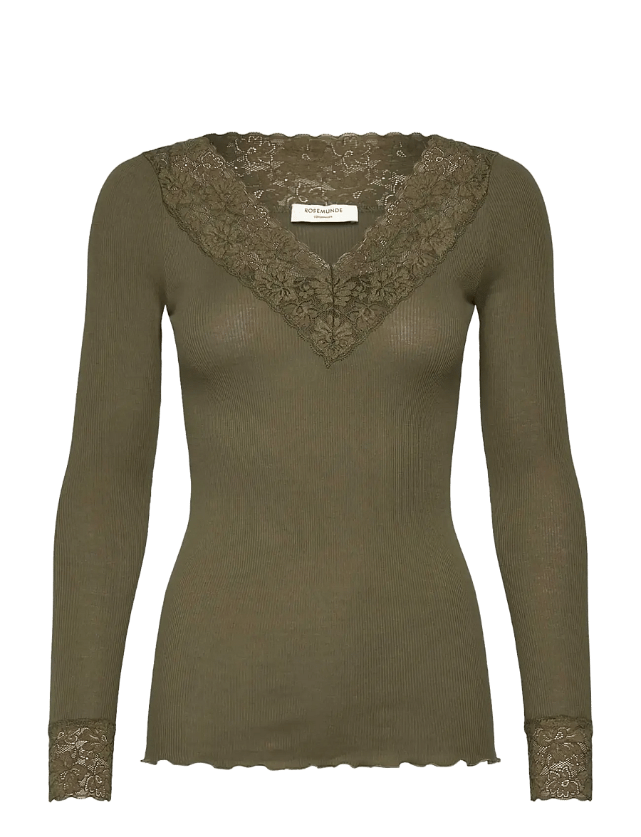 Rosemunde - RWBernadine Organic LS V-neck Lace T-shirt - langärmlige tops - kalamata - 0