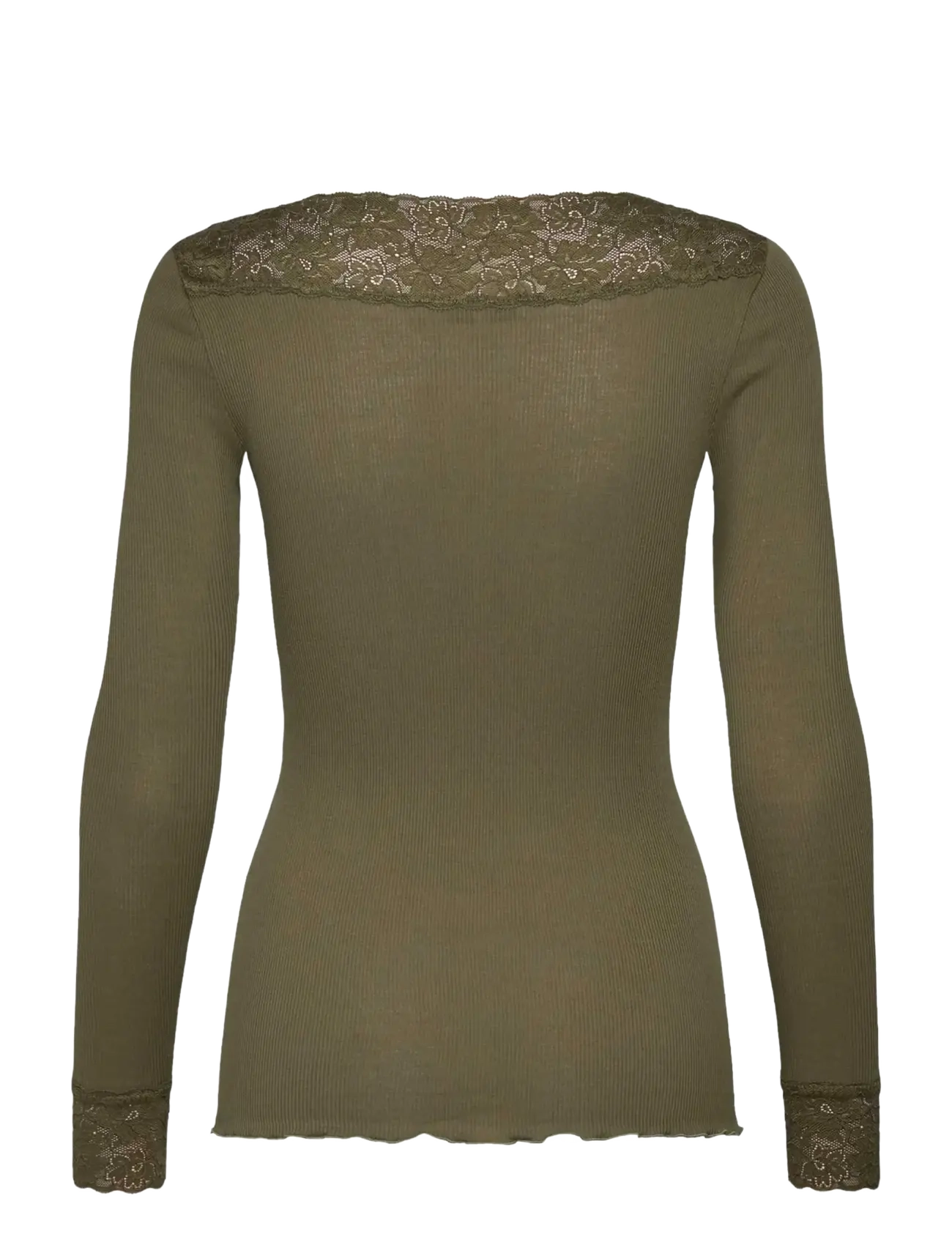 Rosemunde - RWBernadine Organic LS V-neck Lace T-shirt - langärmlige tops - kalamata - 1