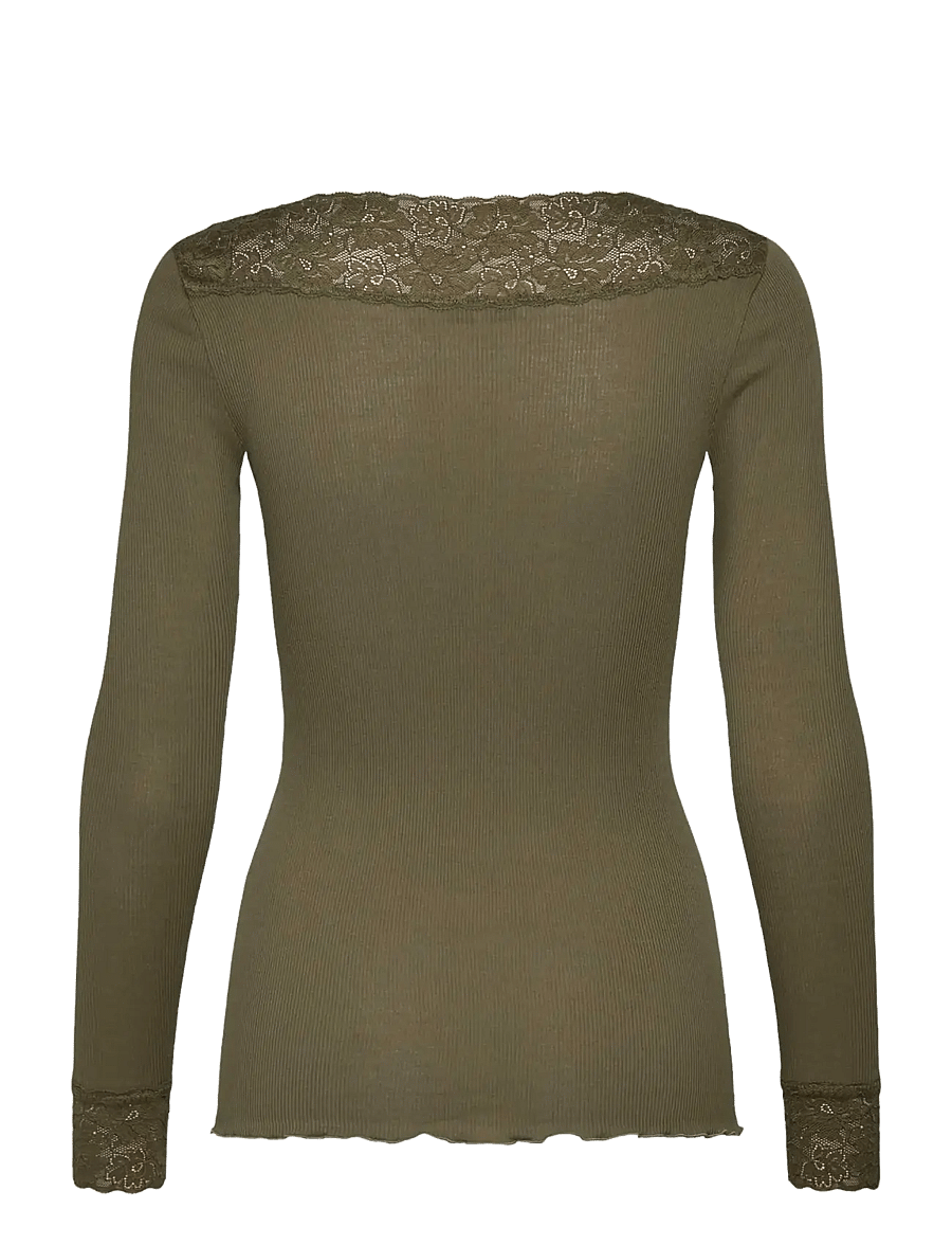 Rosemunde - RWBernadine Organic LS V-neck Lace T-shirt - langärmlige tops - kalamata - 1