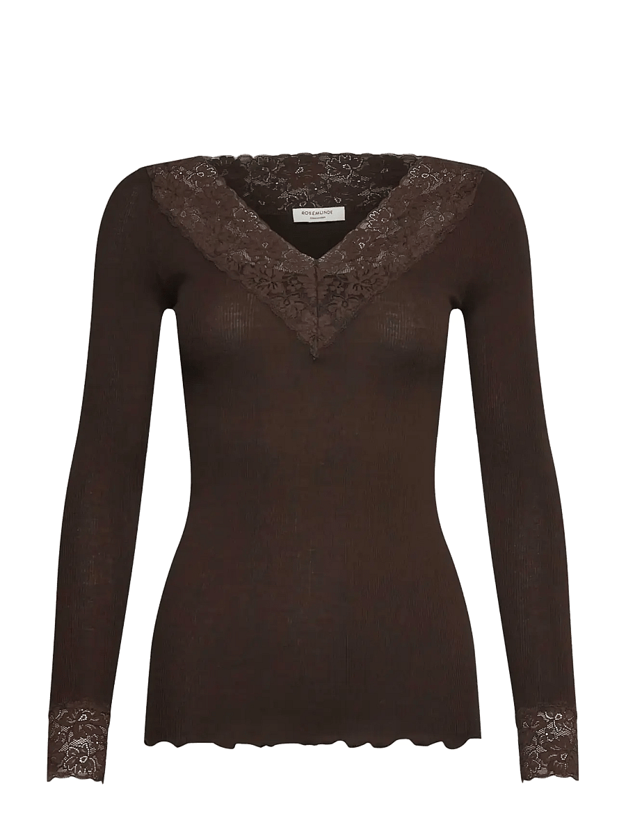 Rosemunde - RWBernadine Organic LS V-neck Lace T-shirt - langærmede toppe - mole - 0