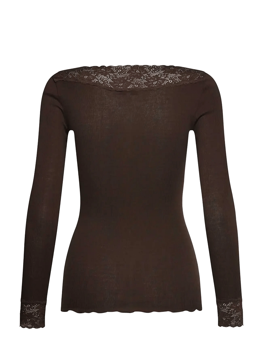 Rosemunde - RWBernadine Organic LS V-neck Lace T-shirt - langærmede toppe - mole - 1