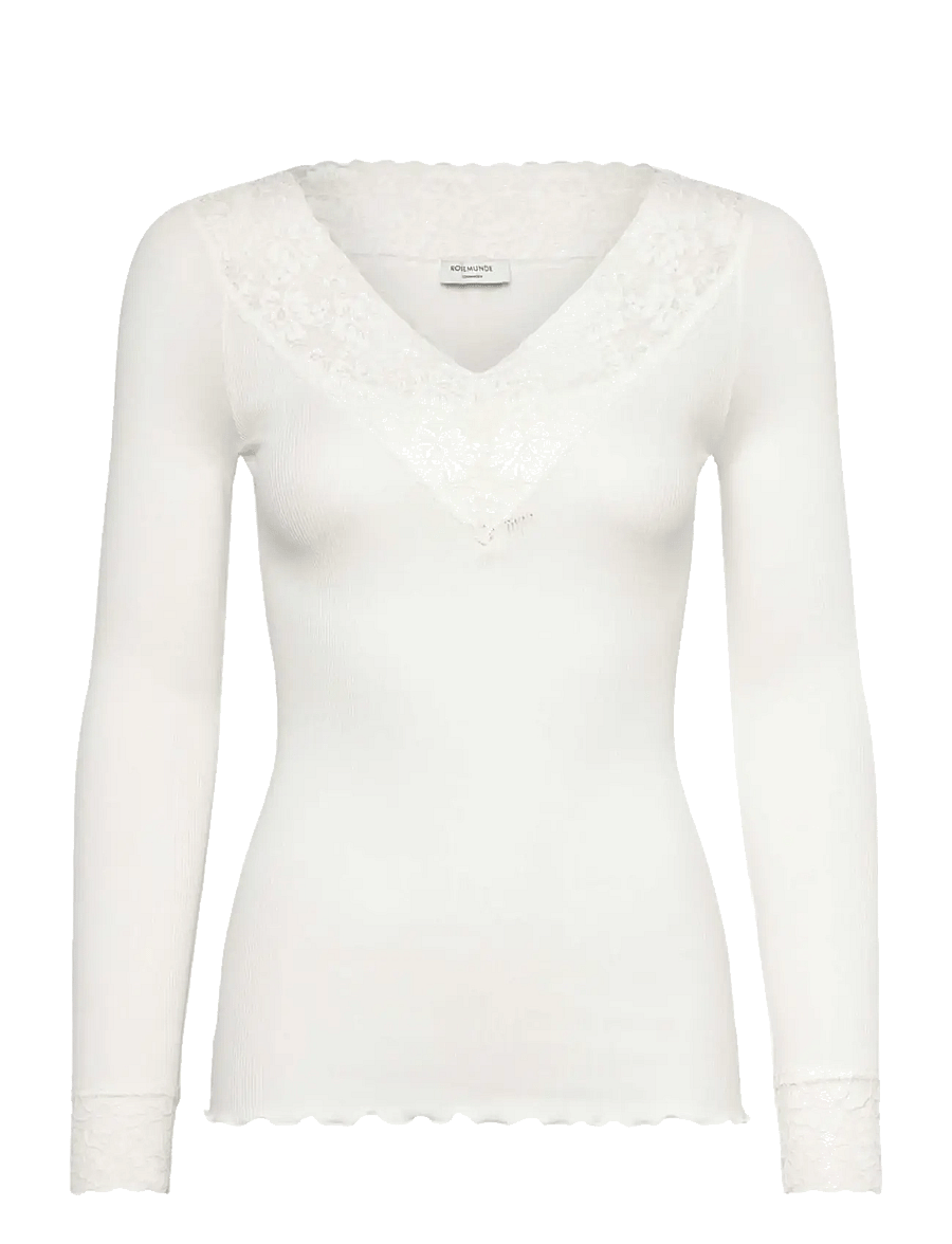 Rosemunde - RWBernadine Organic LS V-neck Lace T-shirt - langärmlige tops - new white - 0