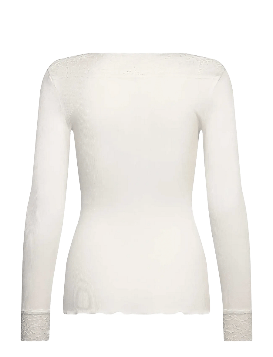 Rosemunde - RWBernadine Organic LS V-neck Lace T-shirt - langärmlige tops - new white - 1