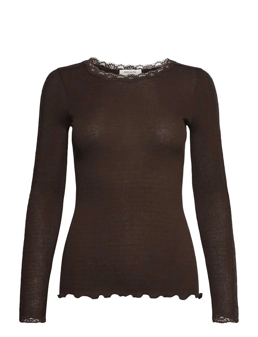Rosemunde - RWBernadine Organic LS O-neck Lace T-shirt - långärmade toppar - mole - 0