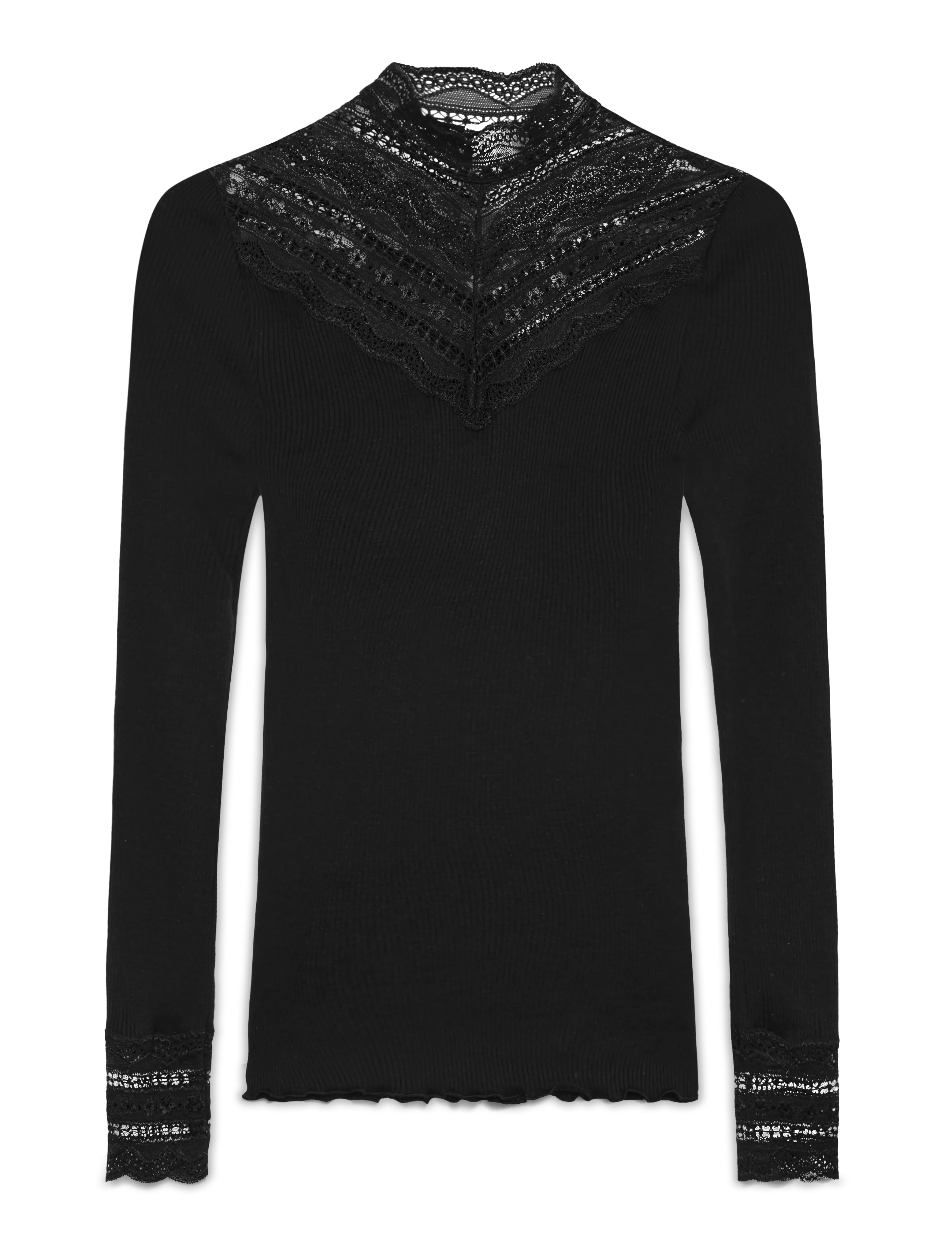 Rosemunde Silk T-Shirt W/ Lace, XL, T-shirts & Oberteile, Schwarz - Long-sleeved, Frauen