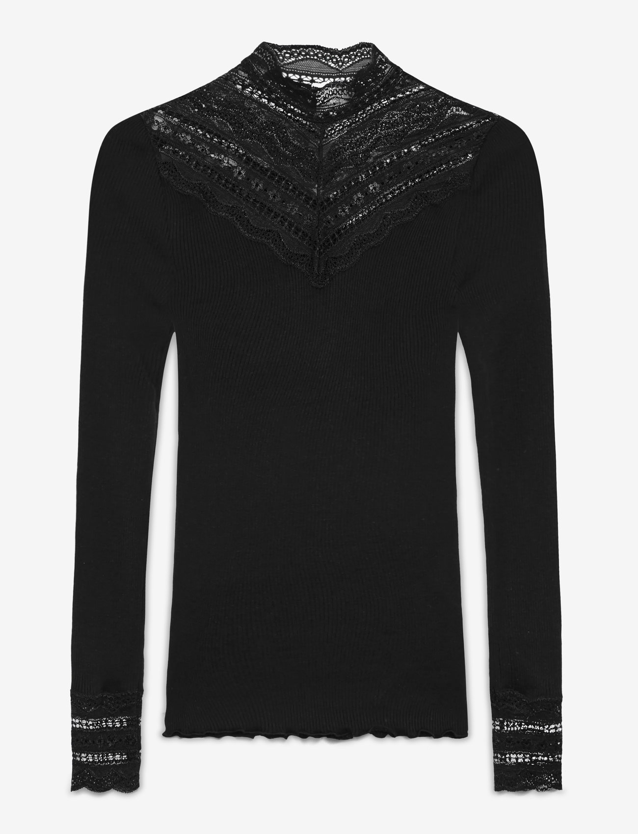 Rosemunde - RWBenita Silk LS  Lace T-neck T-shi - långärmade toppar - black - 1