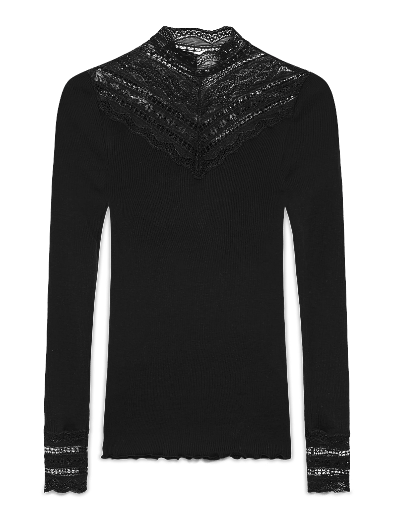 Rosemunde - RWBenita Silk LS Lace T-neck T-shi - långärmade toppar - black - 1