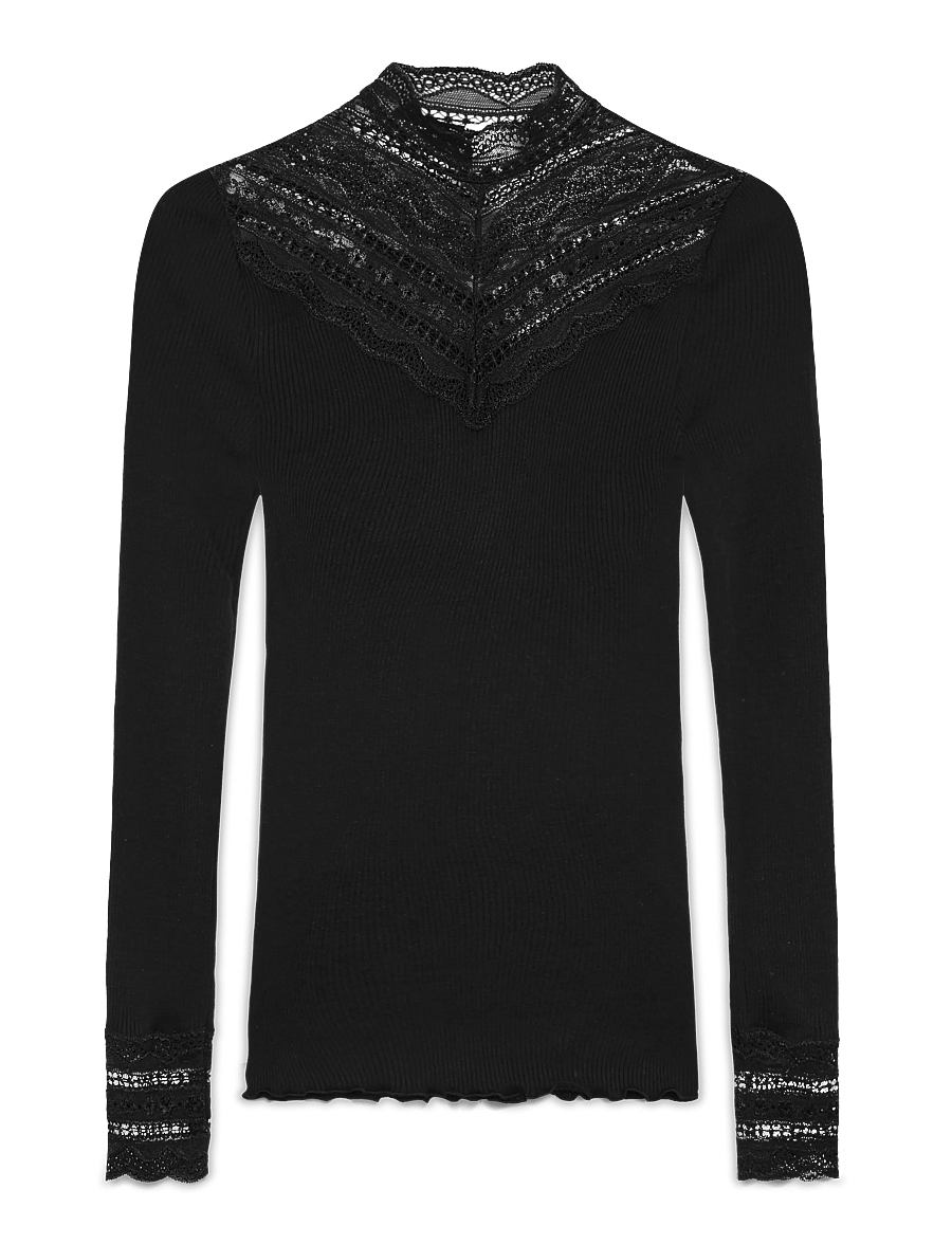 Rosemunde - RWBenita Silk LS Lace T-neck T-shi - langærmede toppe - black - 1
