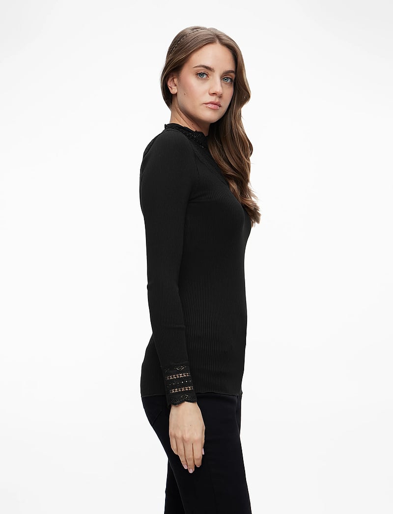 Rosemunde - RWBenita Silk LS Lace T-neck T-shi - långärmade toppar - black - 3
