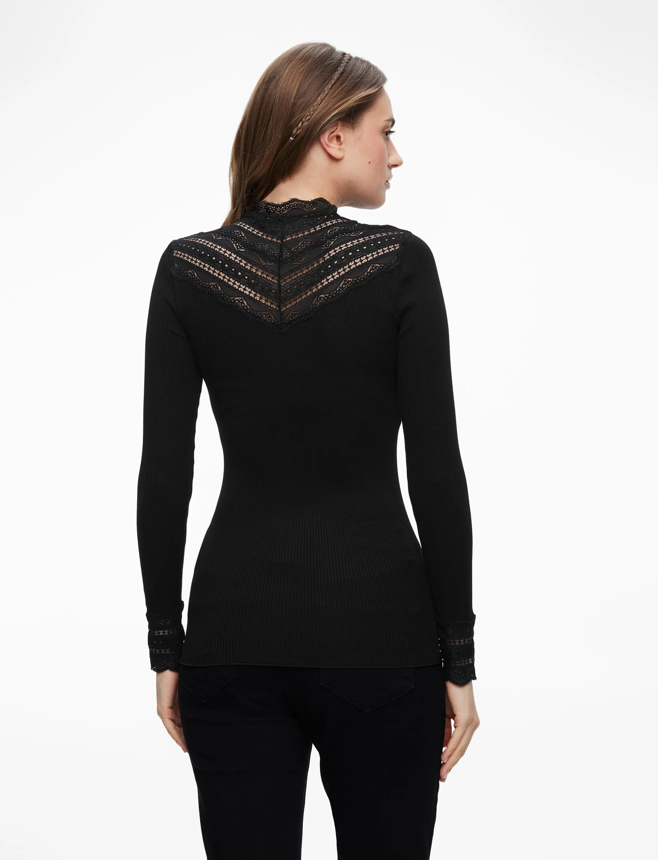 Rosemunde - RWBenita Silk LS  Lace T-neck T-shi - långärmade toppar - black - 4