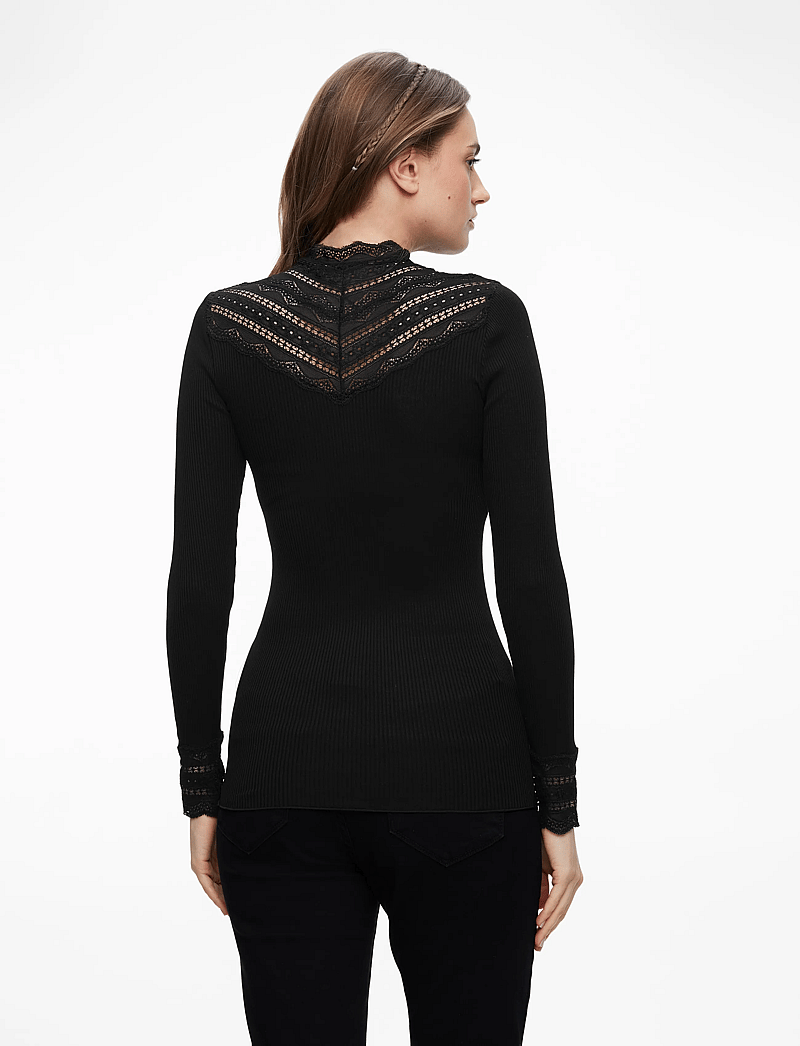 Rosemunde - RWBenita Silk LS Lace T-neck T-shi - långärmade toppar - black - 4