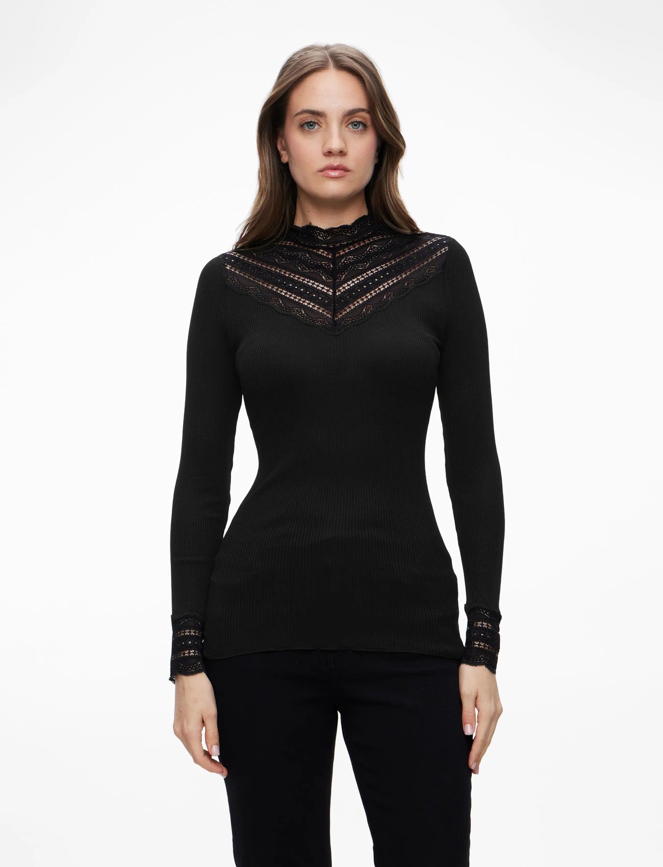 Rosemunde - RWBenita Silk LS  Lace T-neck T-shi - långärmade toppar - black - 0