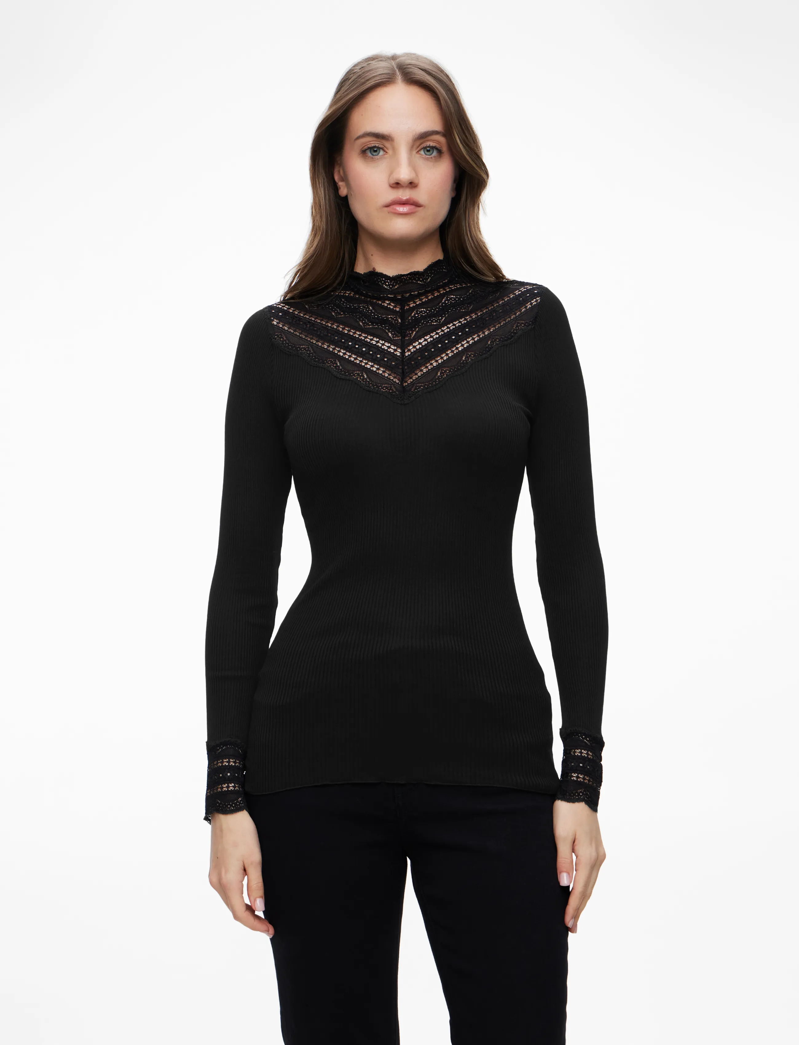 Rosemunde Silk t-shirt w/ lace - Langermede topper - BLACK / black