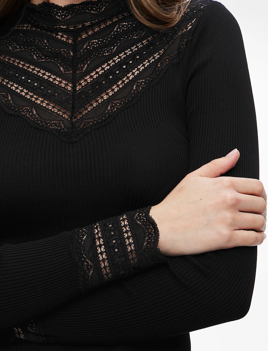 Rosemunde - RWBenita Silk LS Lace T-neck T-shi - langærmede toppe - black - 5