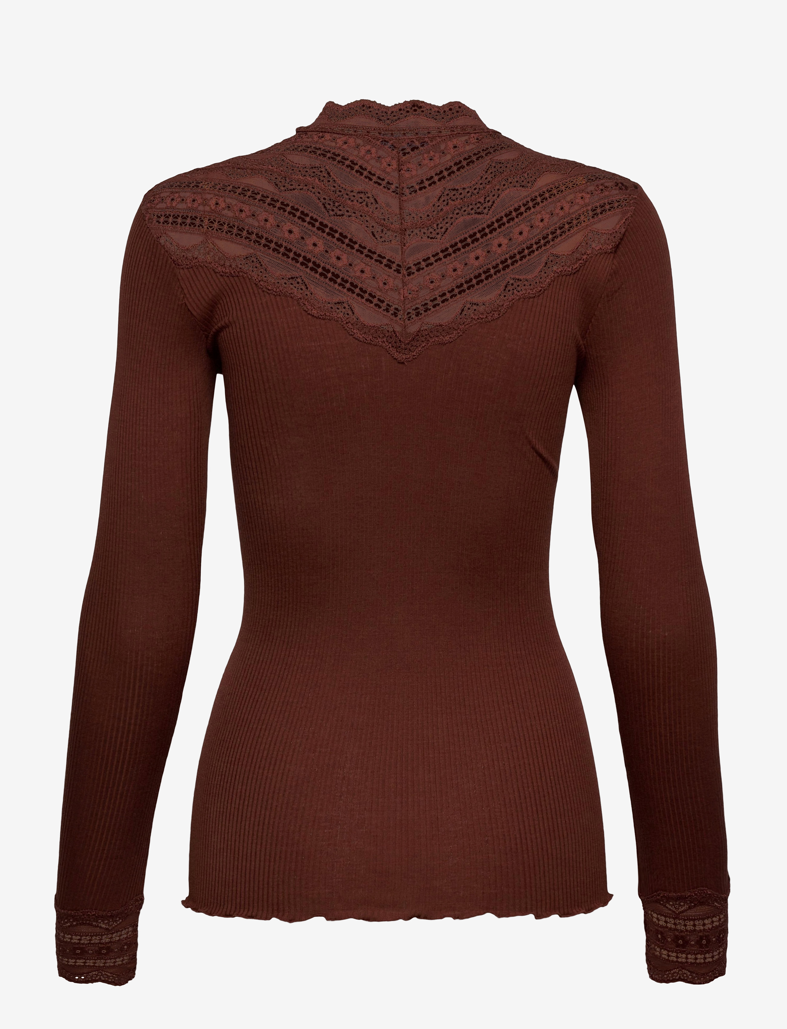 Rosemunde - RWBenita Silk LS  Lace T-neck T-shi - langärmlige tops - chocolate fondant - 1