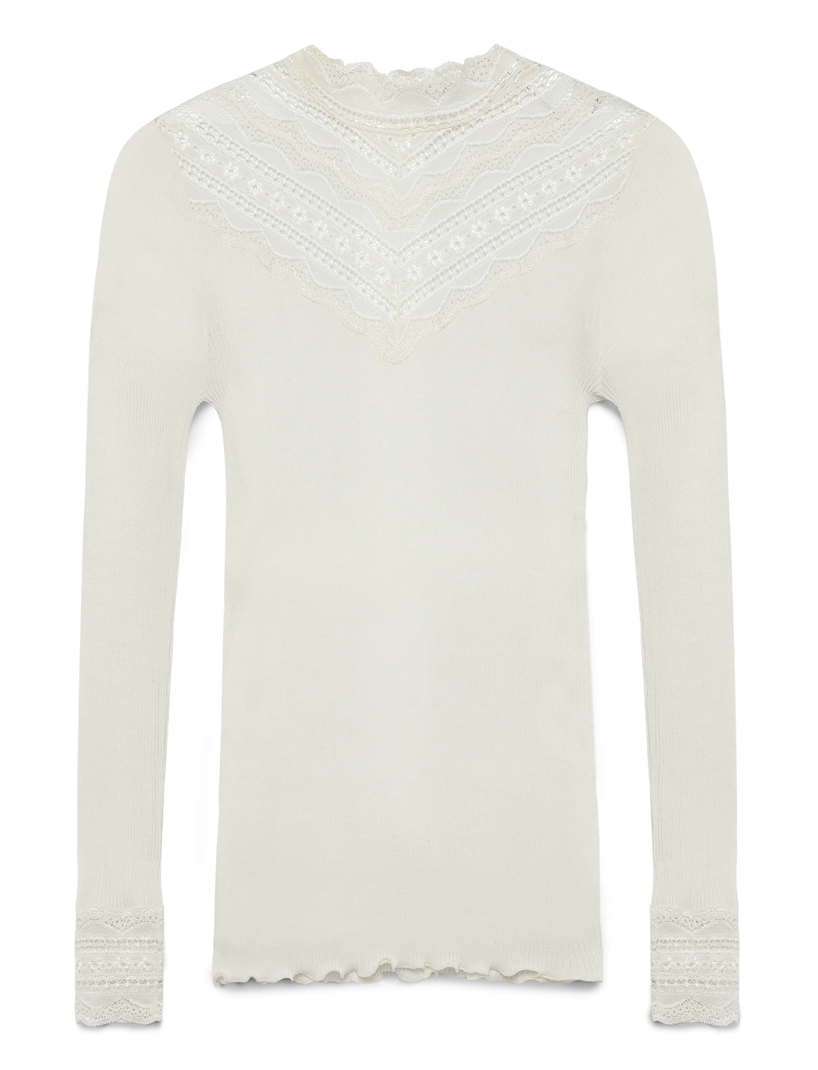 Rosemunde - RWBenita Silk LS  Lace T-neck T-shi - långärmade toppar - ivory - 1