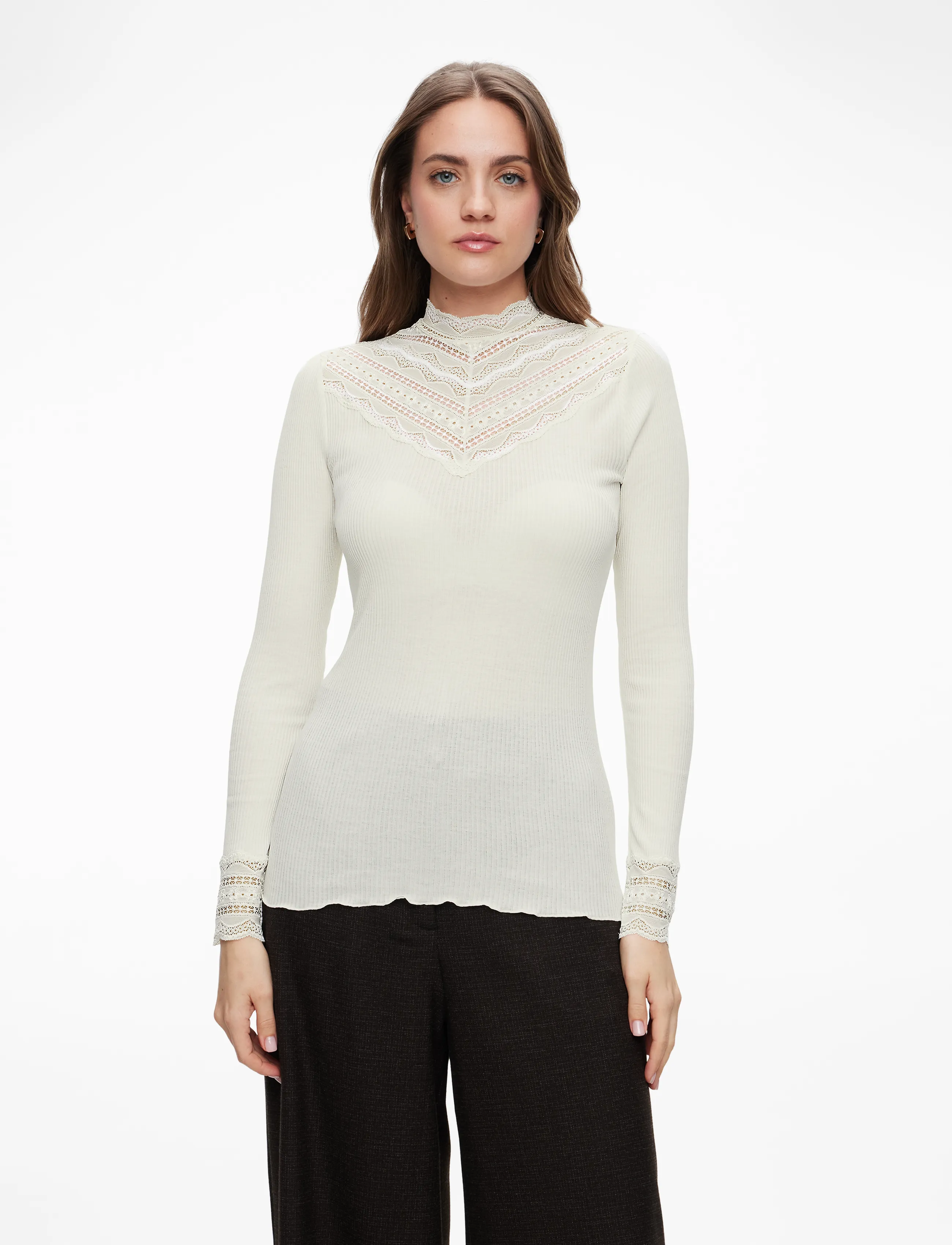 Rosemunde RWBenita Silk LS  Lace T-neck T-shi - Långärmade toppar - IVORY / cream