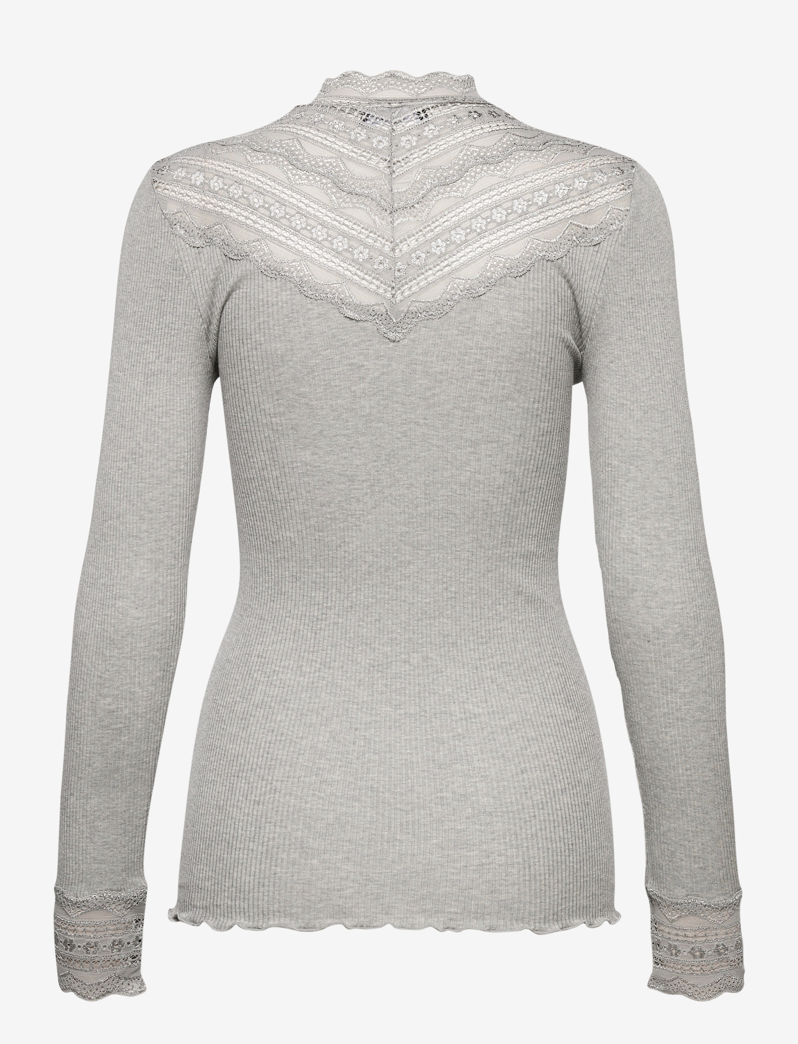 Rosemunde - RWBenita Silk LS  Lace T-neck T-shi - langärmlige tops - light grey melange - 1