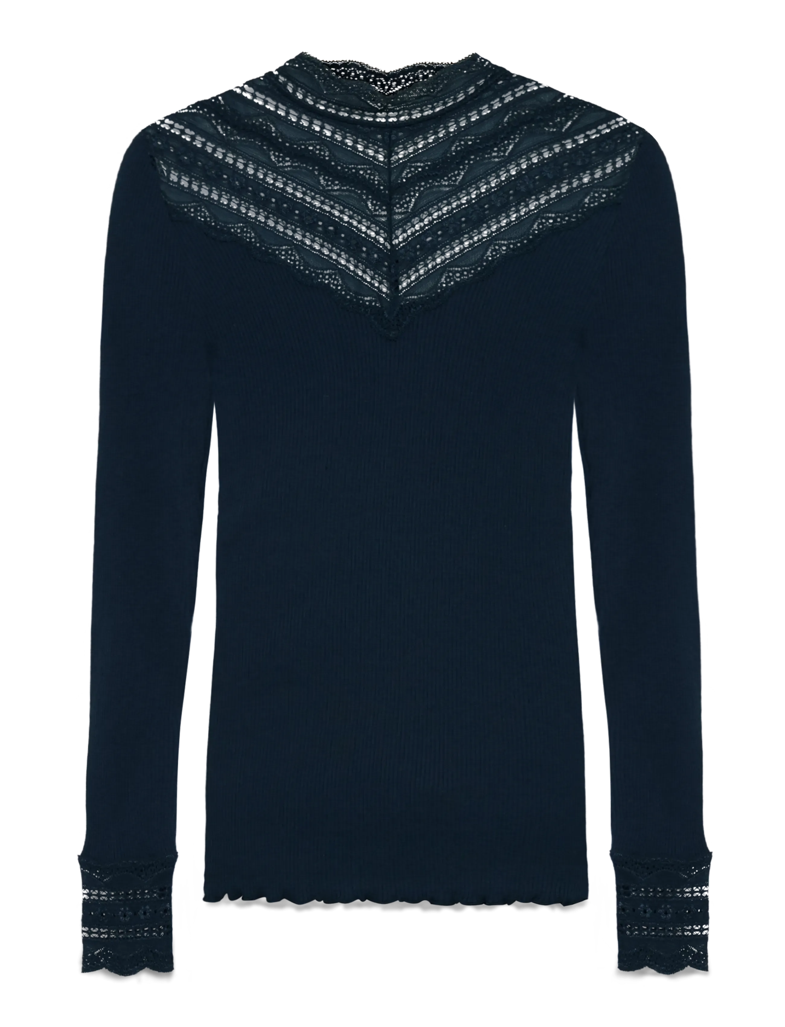 RWBenita Silk LS  Lace T-neck T-shi - NAVY