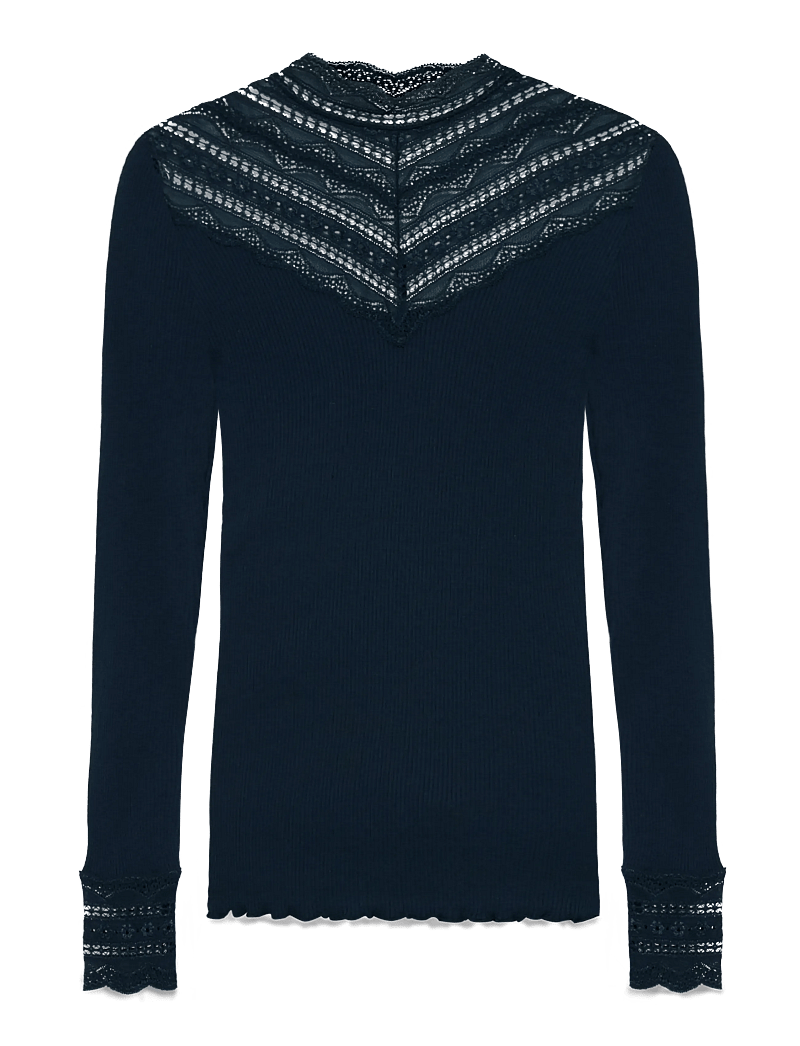 Rosemunde - RWBenita Silk LS Lace T-neck T-shi - långärmade toppar - navy - 1