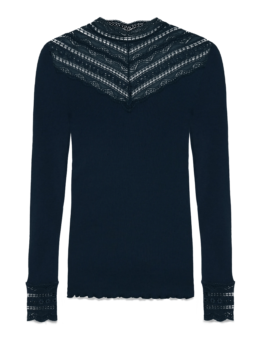 Rosemunde - Silk t-shirt w/ lace - langärmlige tops - navy - 1