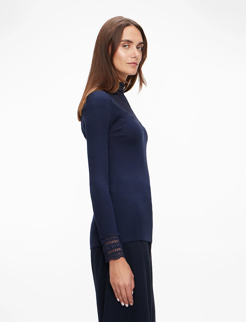 Rosemunde - RWBenita Silk LS Lace T-neck T-shi - långärmade toppar - navy - 3