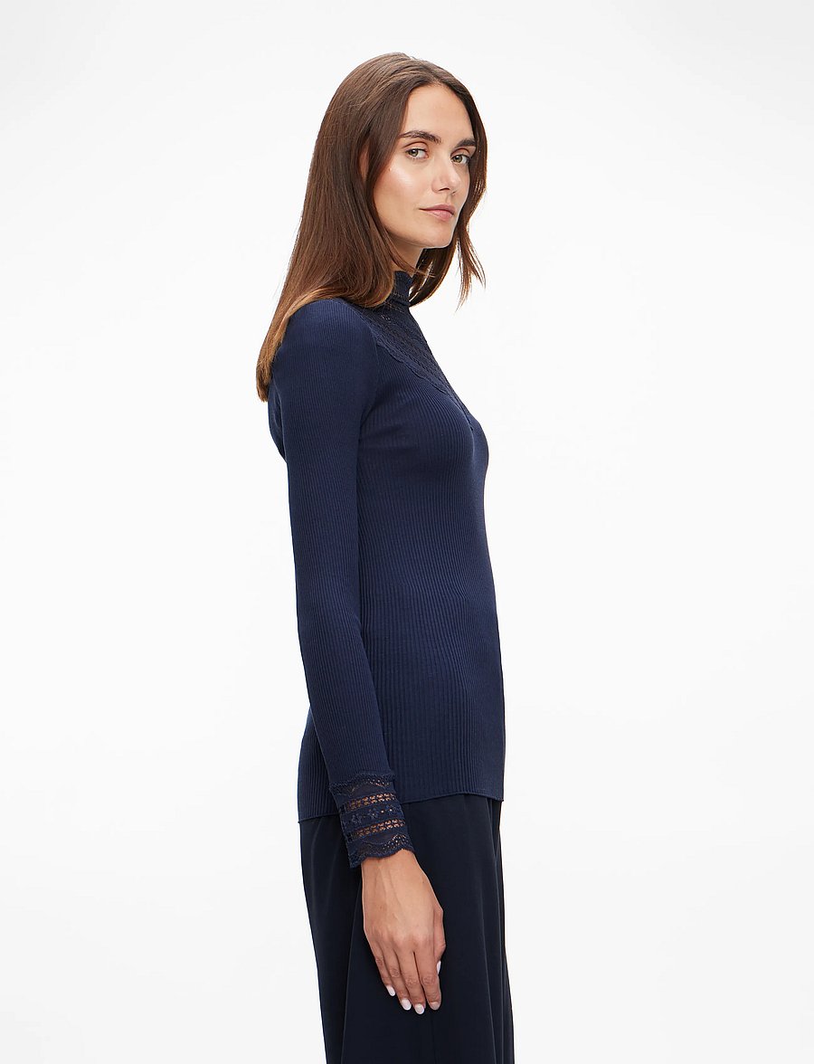Rosemunde - Silk t-shirt w/ lace - langärmlige tops - navy - 3