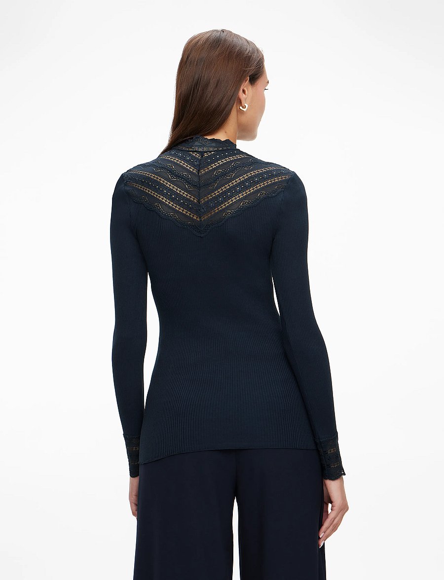 Rosemunde - Silk t-shirt w/ lace - langärmlige tops - navy - 4