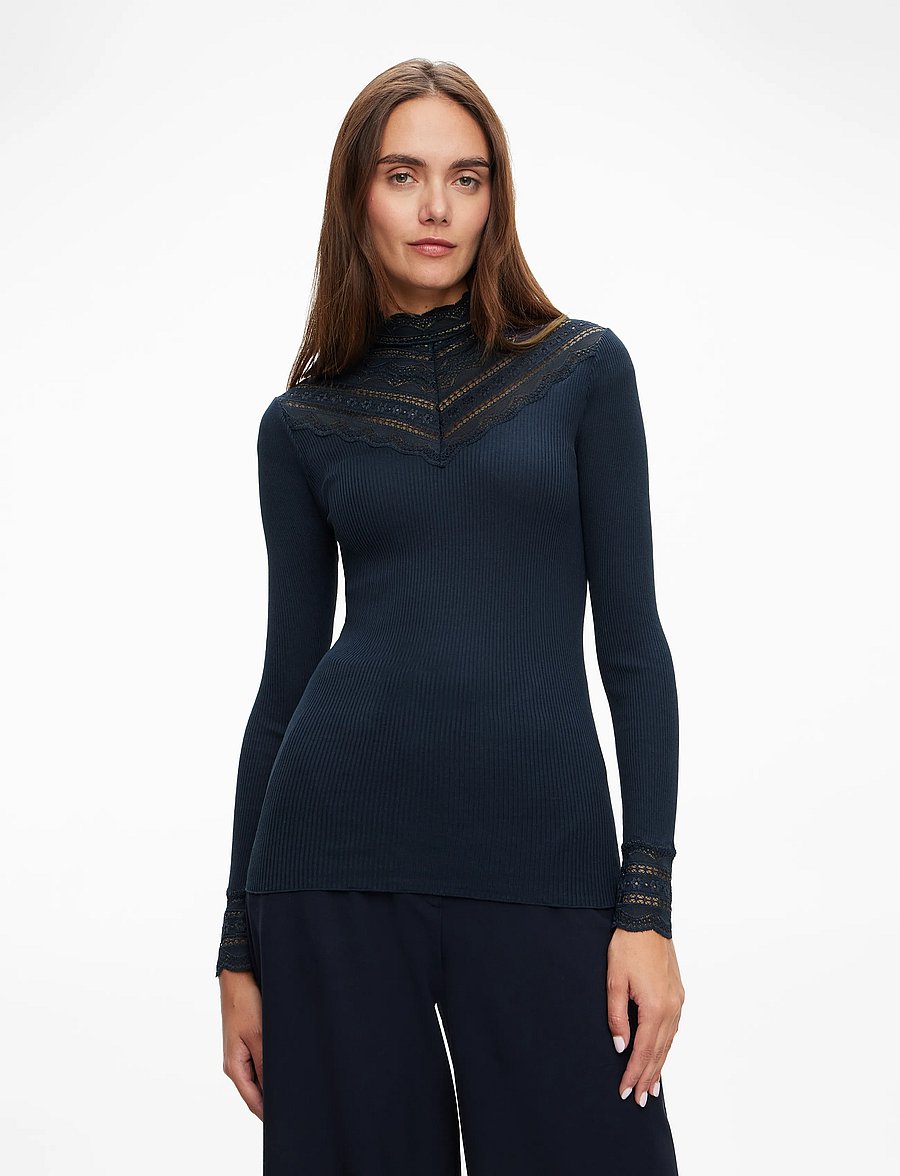 Rosemunde - Silk t-shirt w/ lace - langärmlige tops - navy - 0