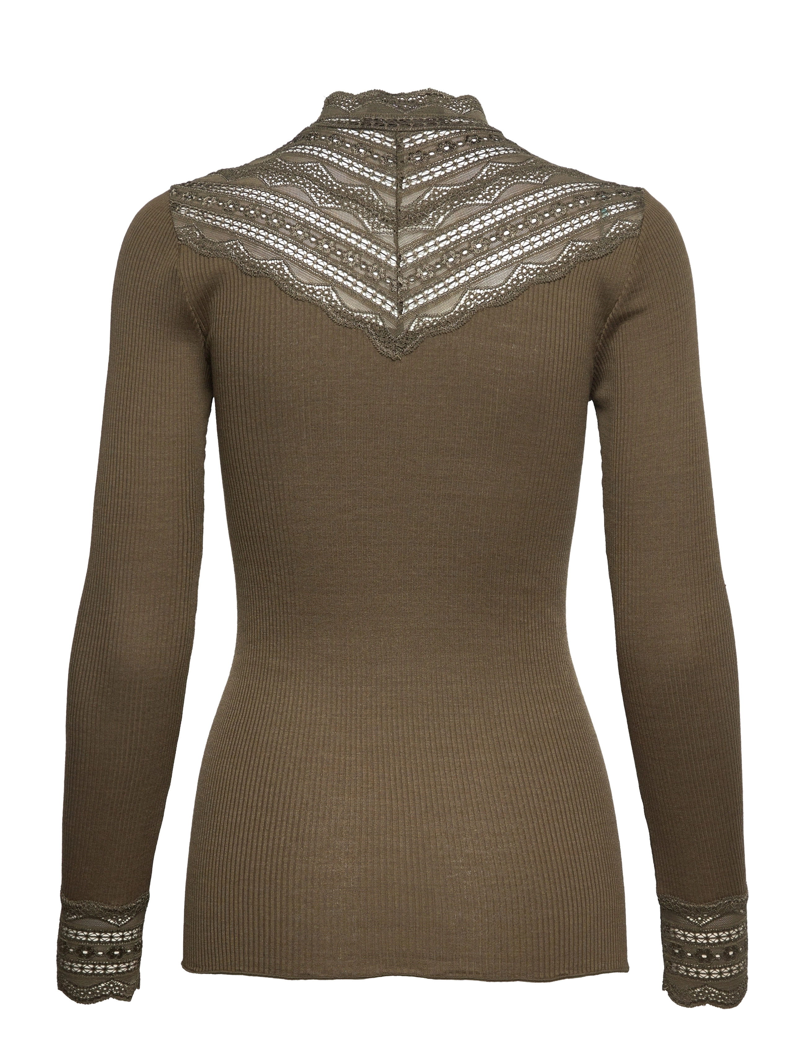 Rosemunde - RWBenita Silk LS  Lace T-neck T-shi - langærmede toppe - olive night - 1