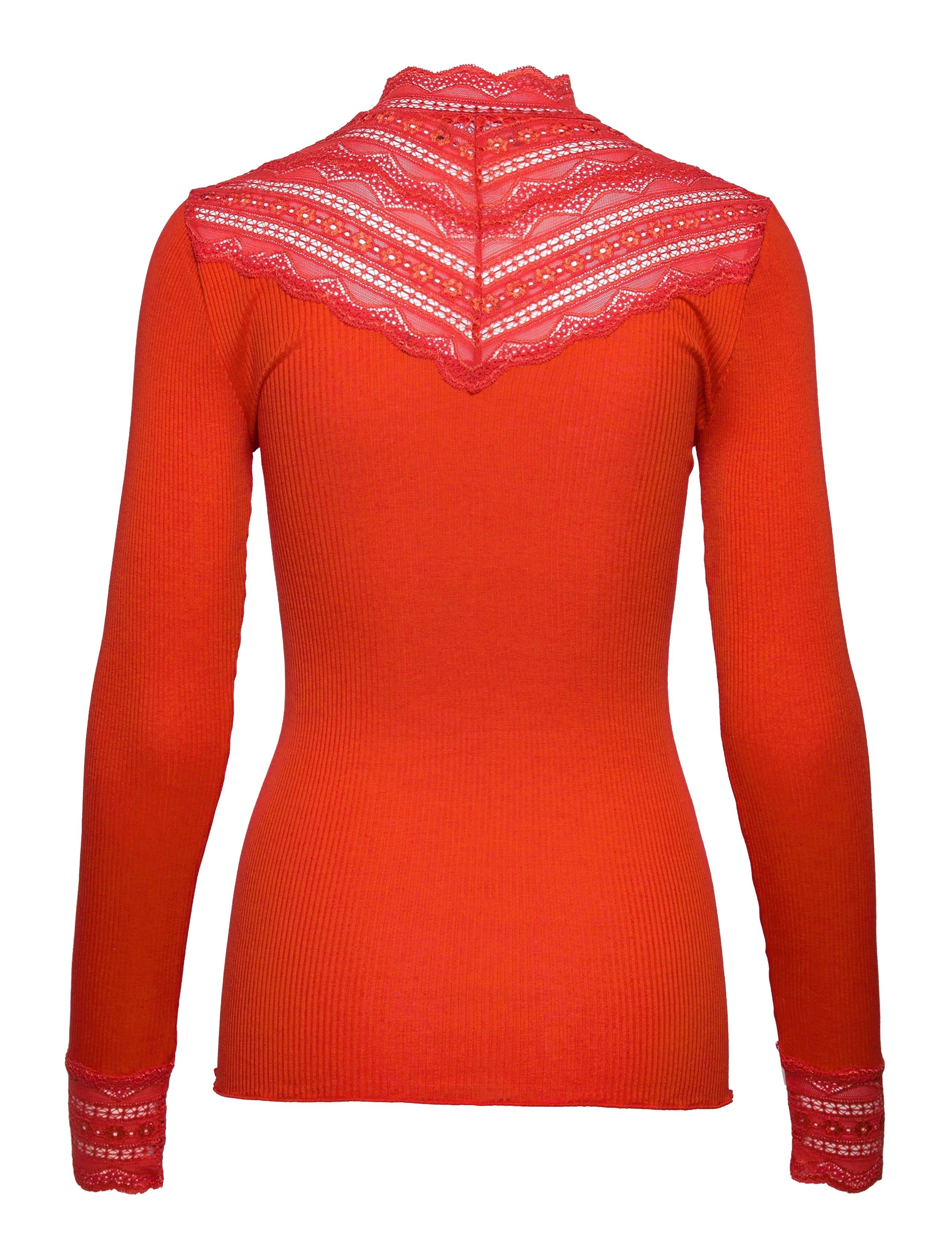 Rosemunde - RWBenita Silk LS  Lace T-neck T-shi - langærmede toppe - scarlet fire - 1