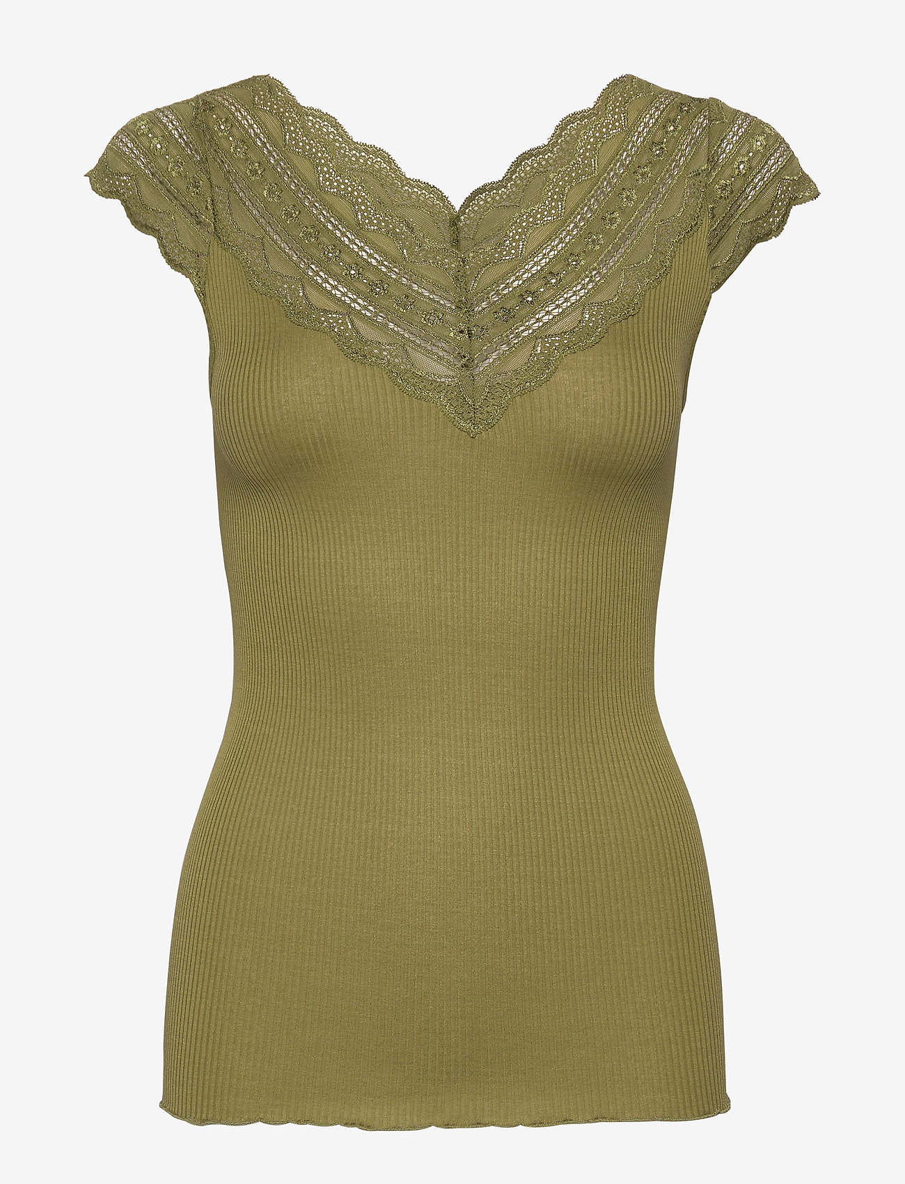 Rosemunde - Silk t-shirt regular ss w/wide lace - leaf green - 0
